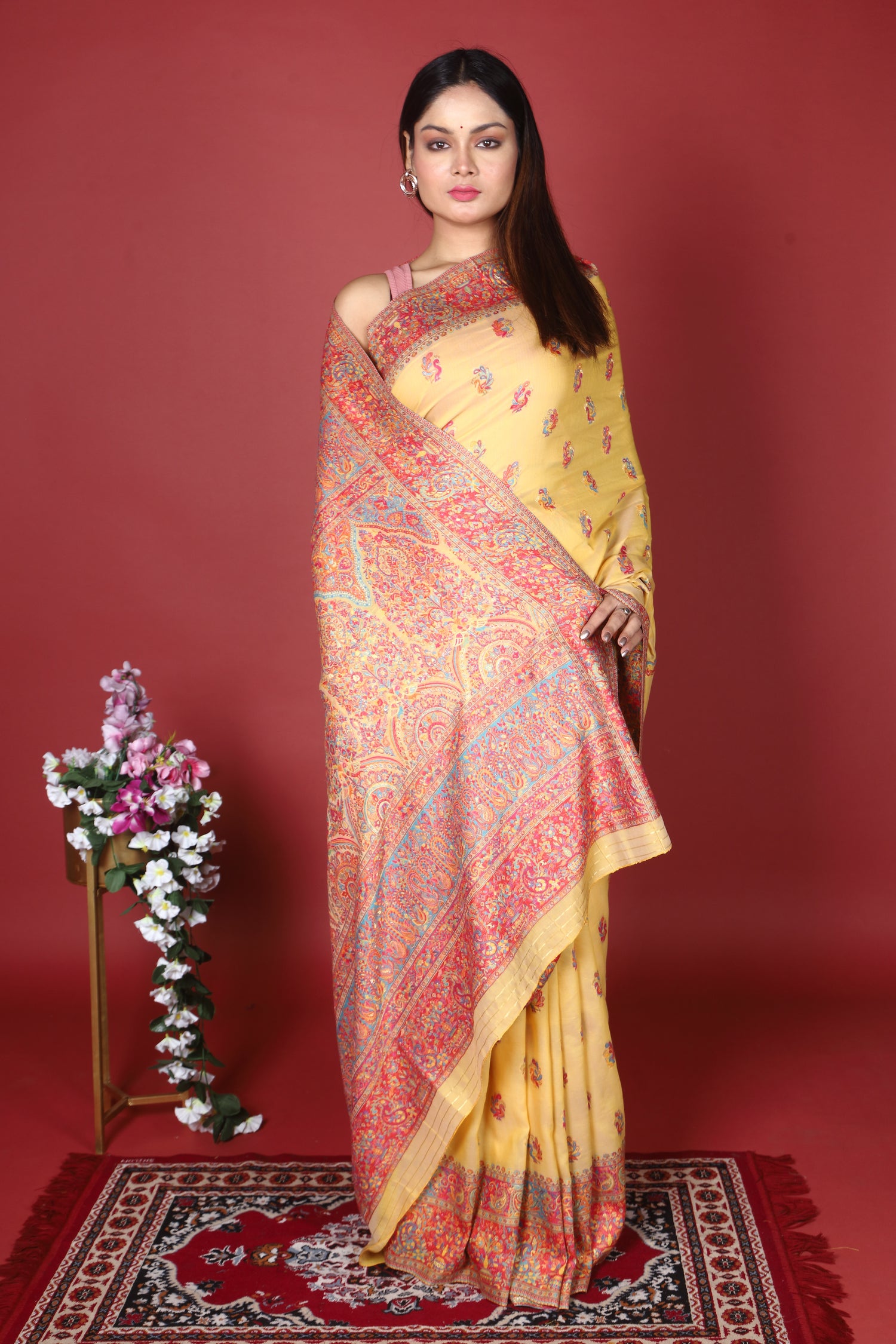 Semi Crepe Silk Machine Aari Embriodery Kashmiri Saree