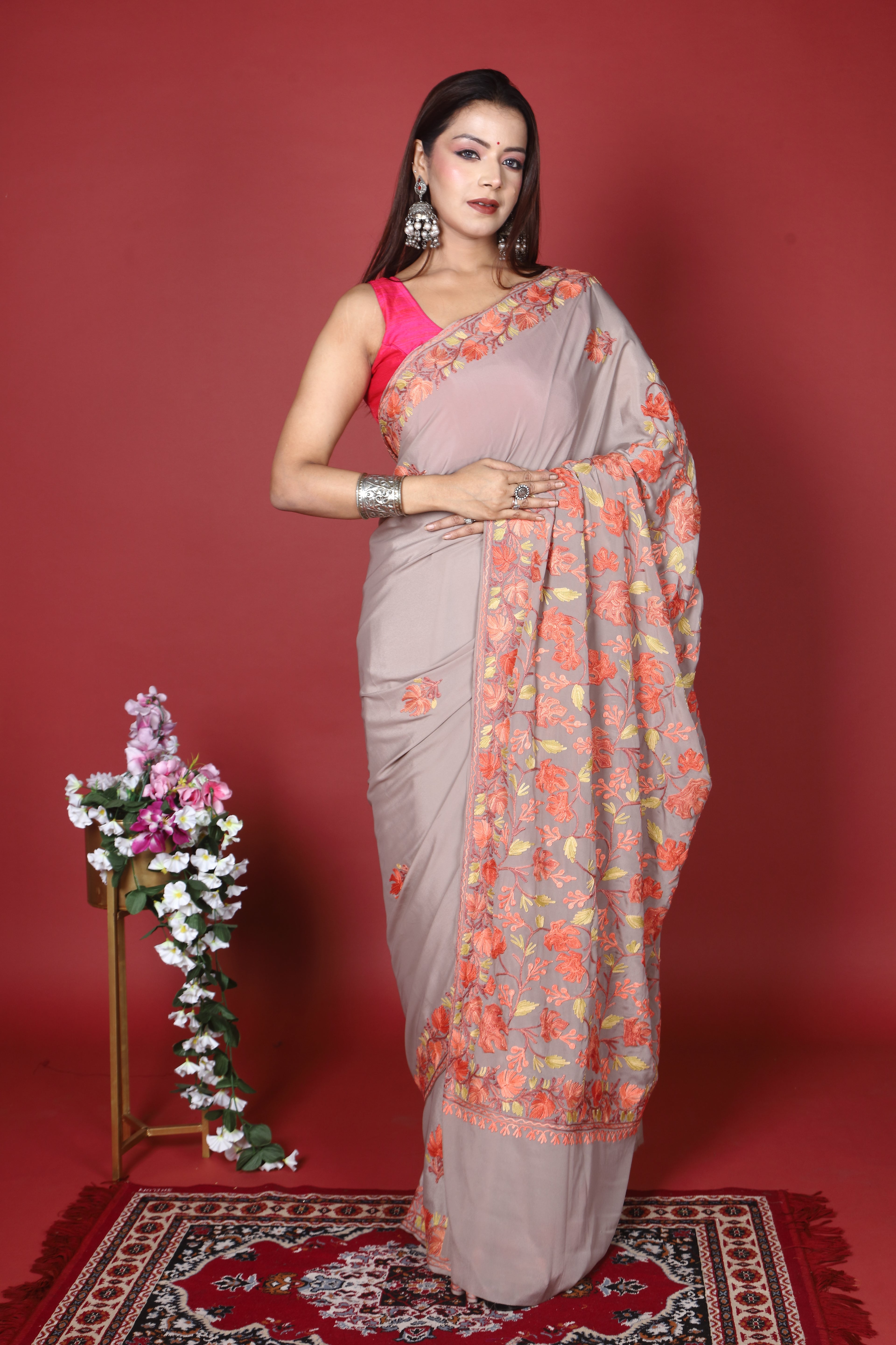 Semi Crepe Silk Machine Aari Embriodery Kashmiri Saree