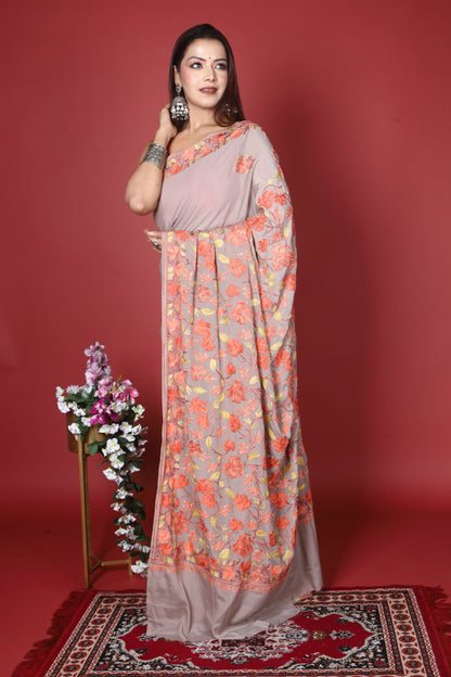Semi Crepe Silk Machine Aari Embriodery Kashmiri Saree