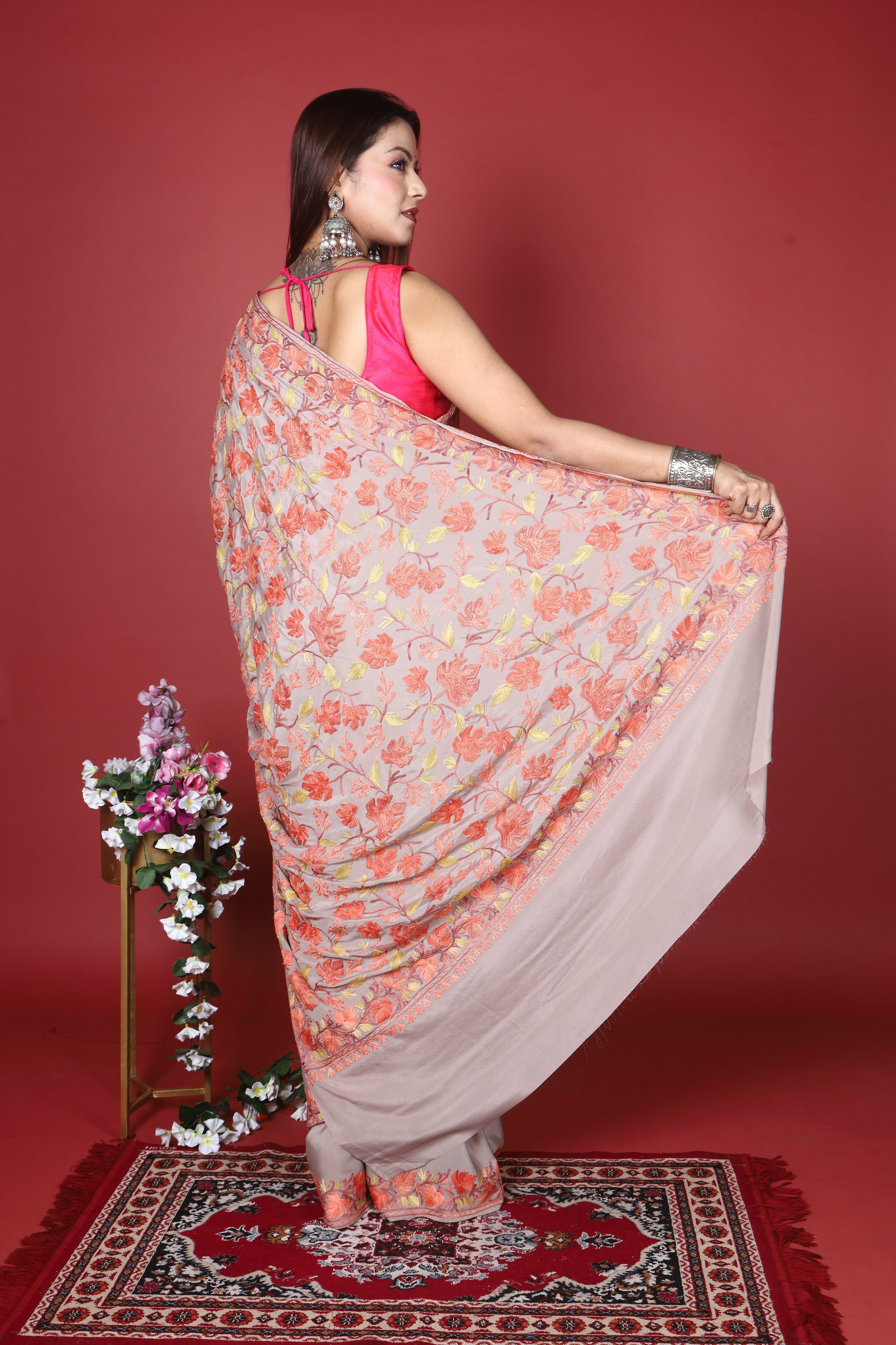 Semi Crepe Silk Machine Aari Embriodery Kashmiri Saree