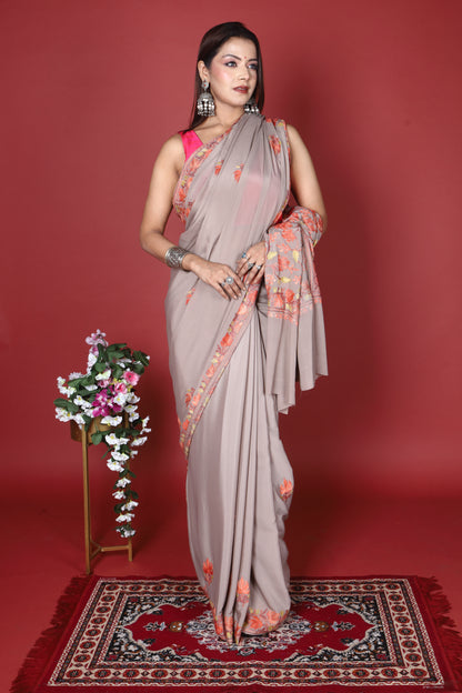 Semi Crepe Silk Machine Aari Embriodery Kashmiri Saree