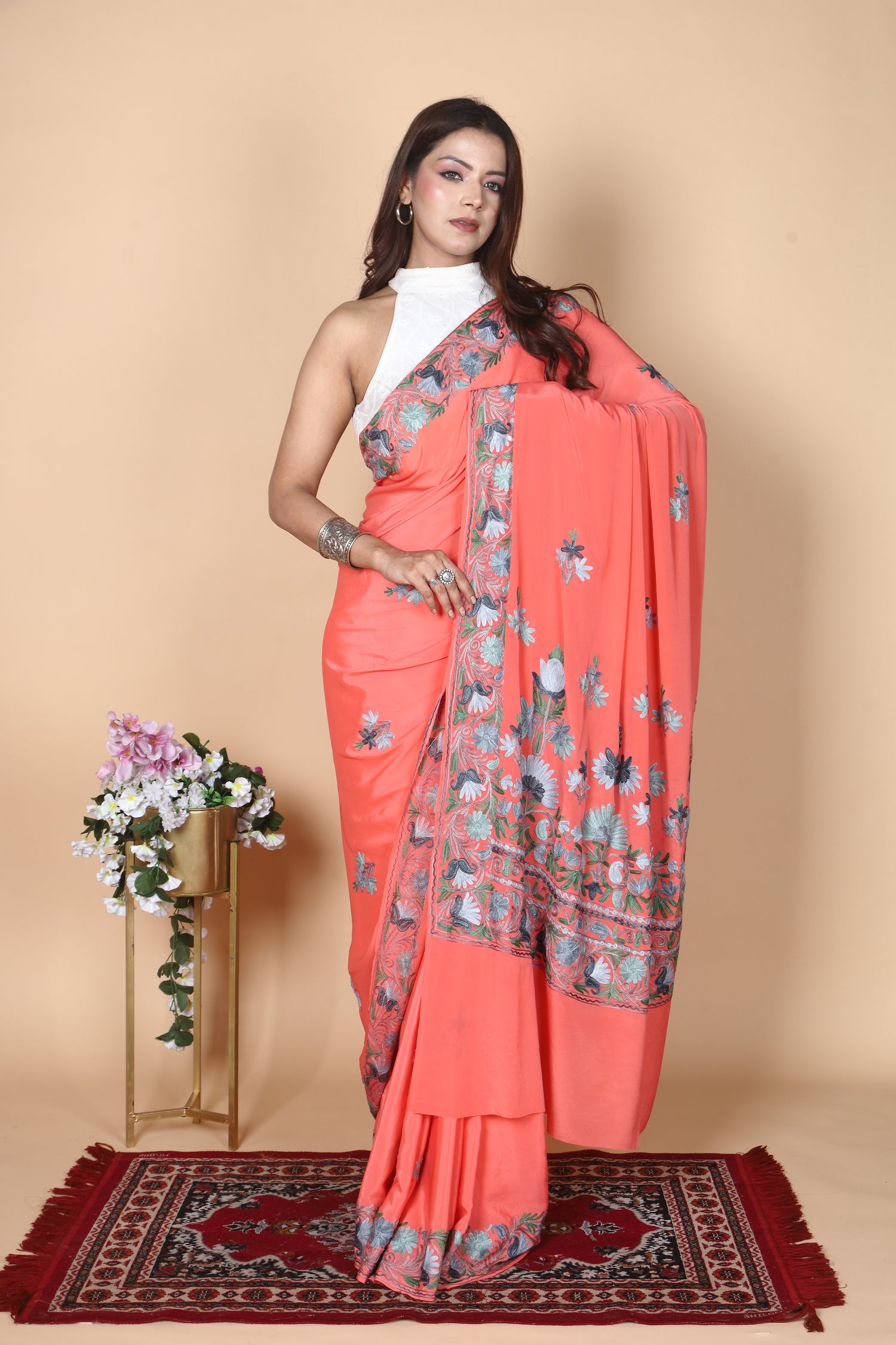 Semi Crepe Silk Machine Aari Embriodery Kashmiri Saree