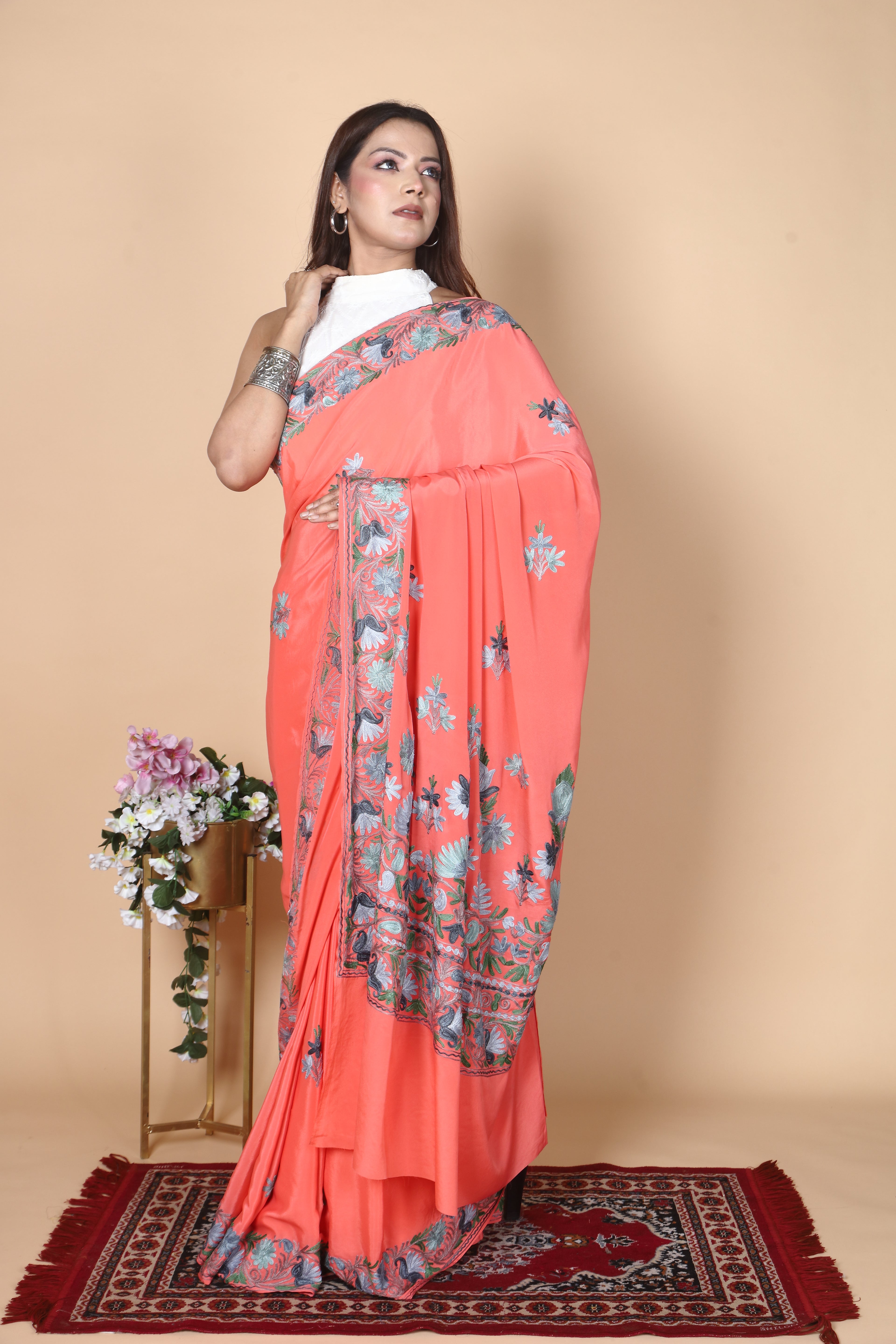 Semi Crepe Silk Machine Aari Embriodery Kashmiri Saree