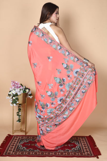 Semi Crepe Silk Machine Aari Embriodery Kashmiri Saree