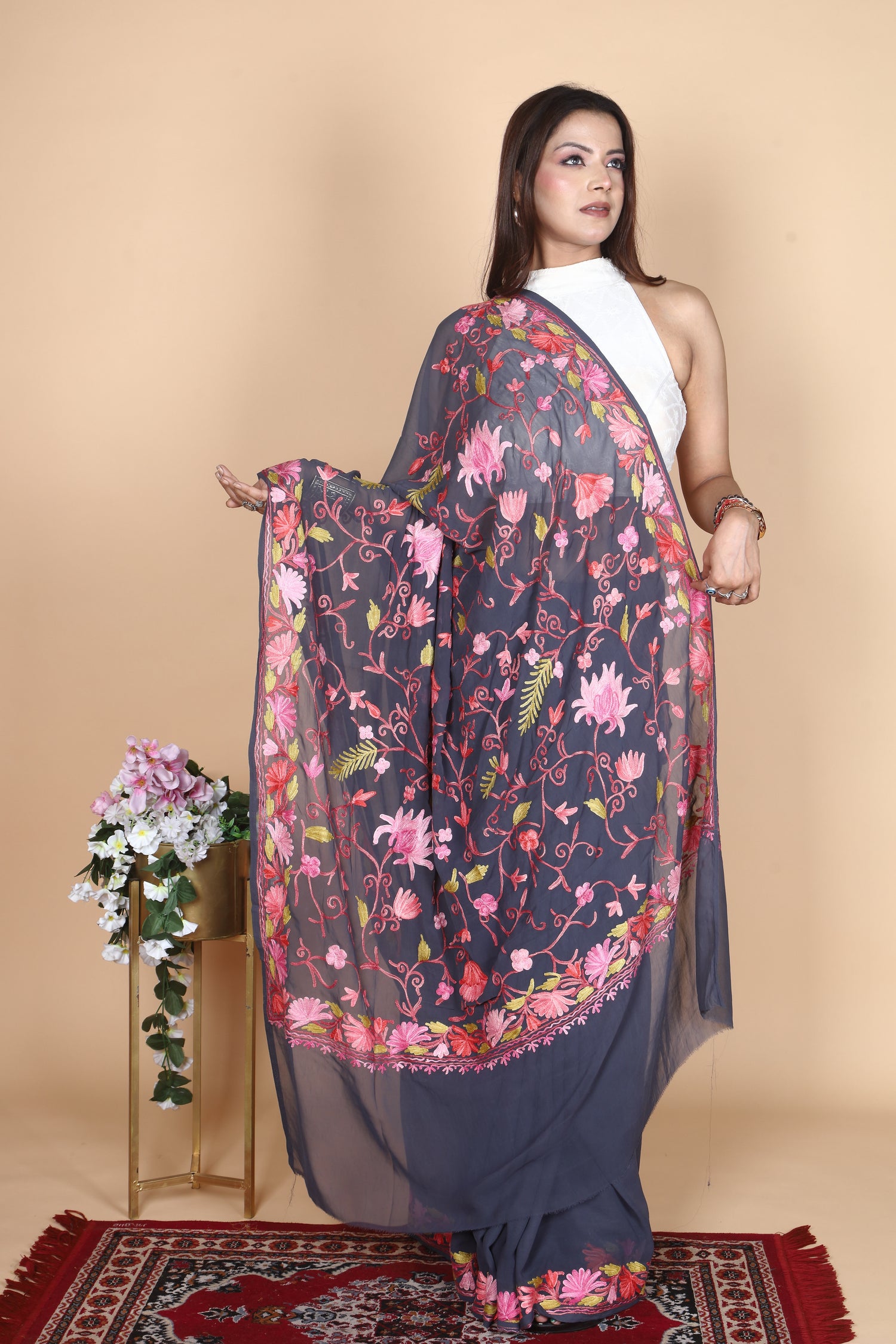 Viscose Georgette Silk Machine Aari Embriodery Kashmiri Saree