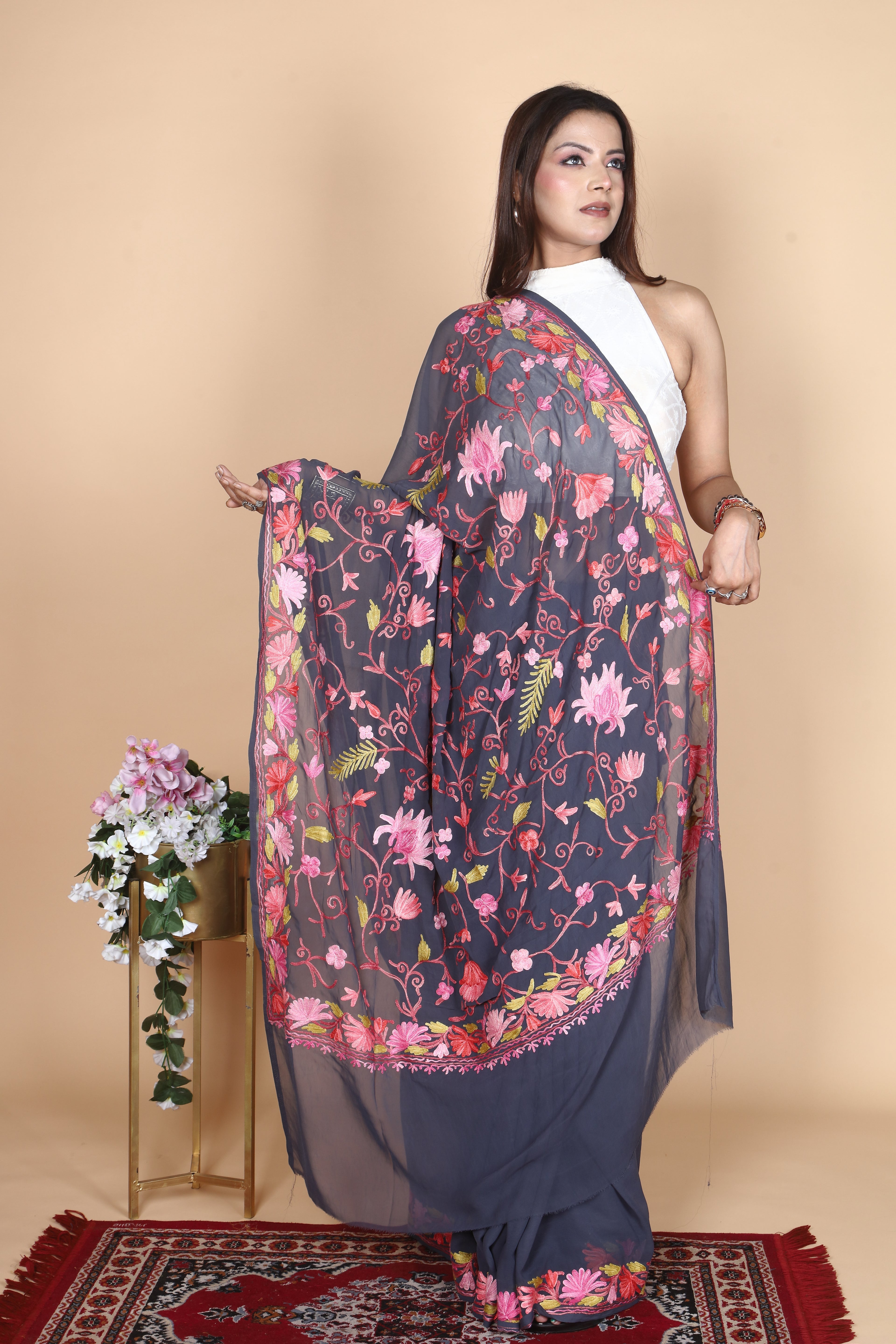 Viscose Georgette Silk Machine Aari Embriodery Kashmiri Saree