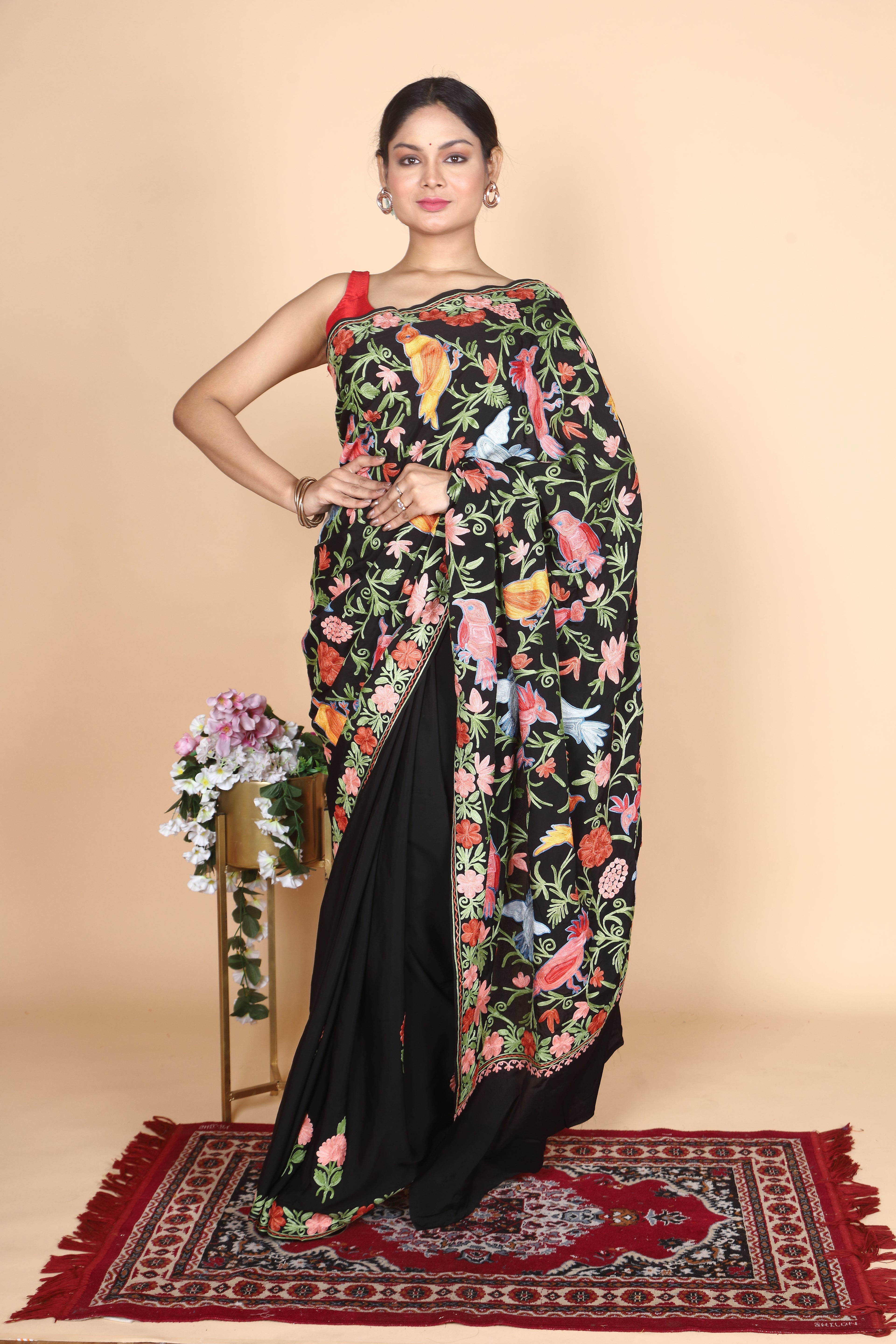 Semi Crepe Silk Machine Aari Embriodery Kashmiri Saree