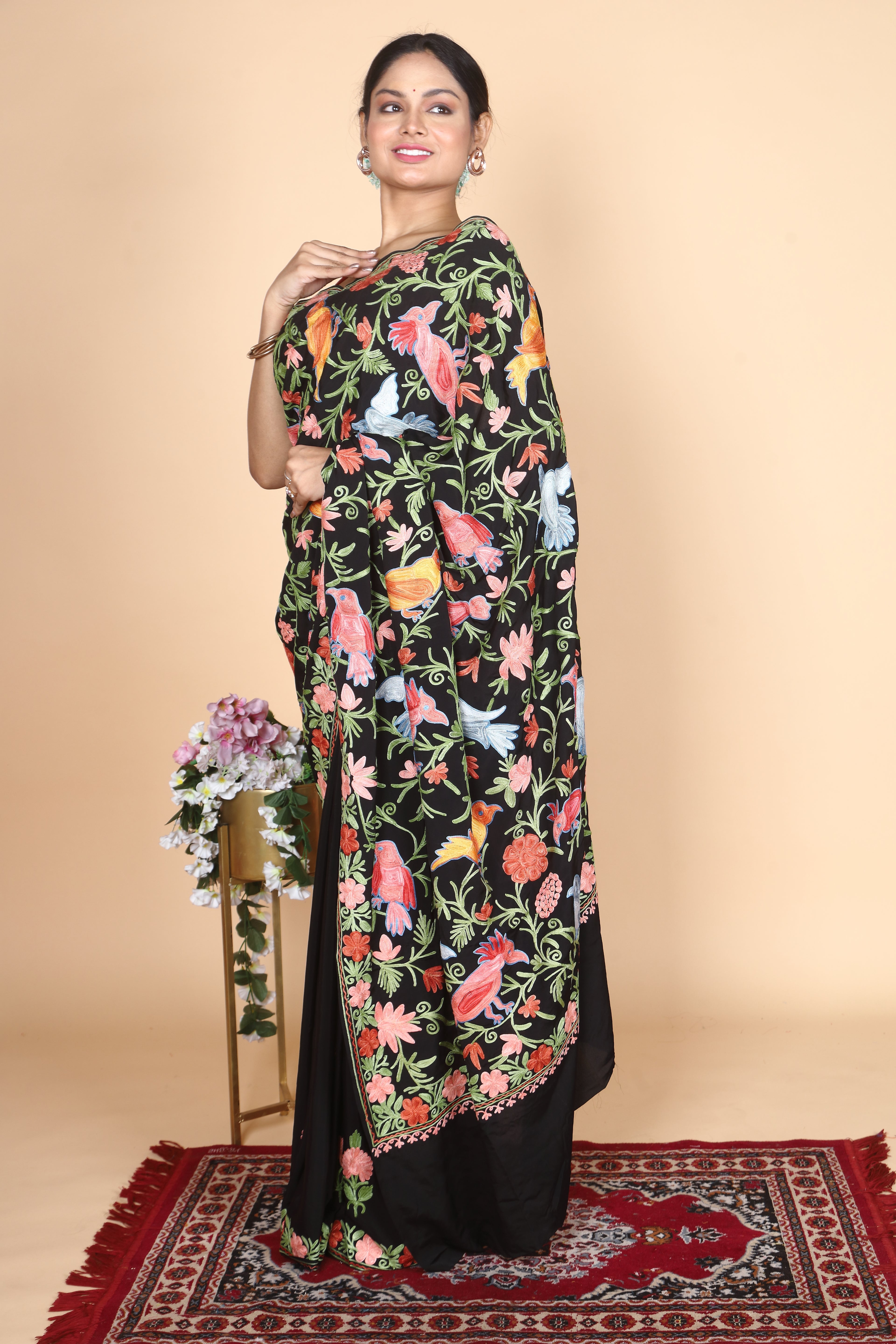 Semi Crepe Silk Machine Aari Embriodery Kashmiri Saree