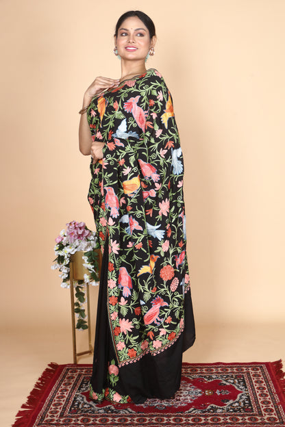 Semi Crepe Silk Machine Aari Embriodery Kashmiri Saree