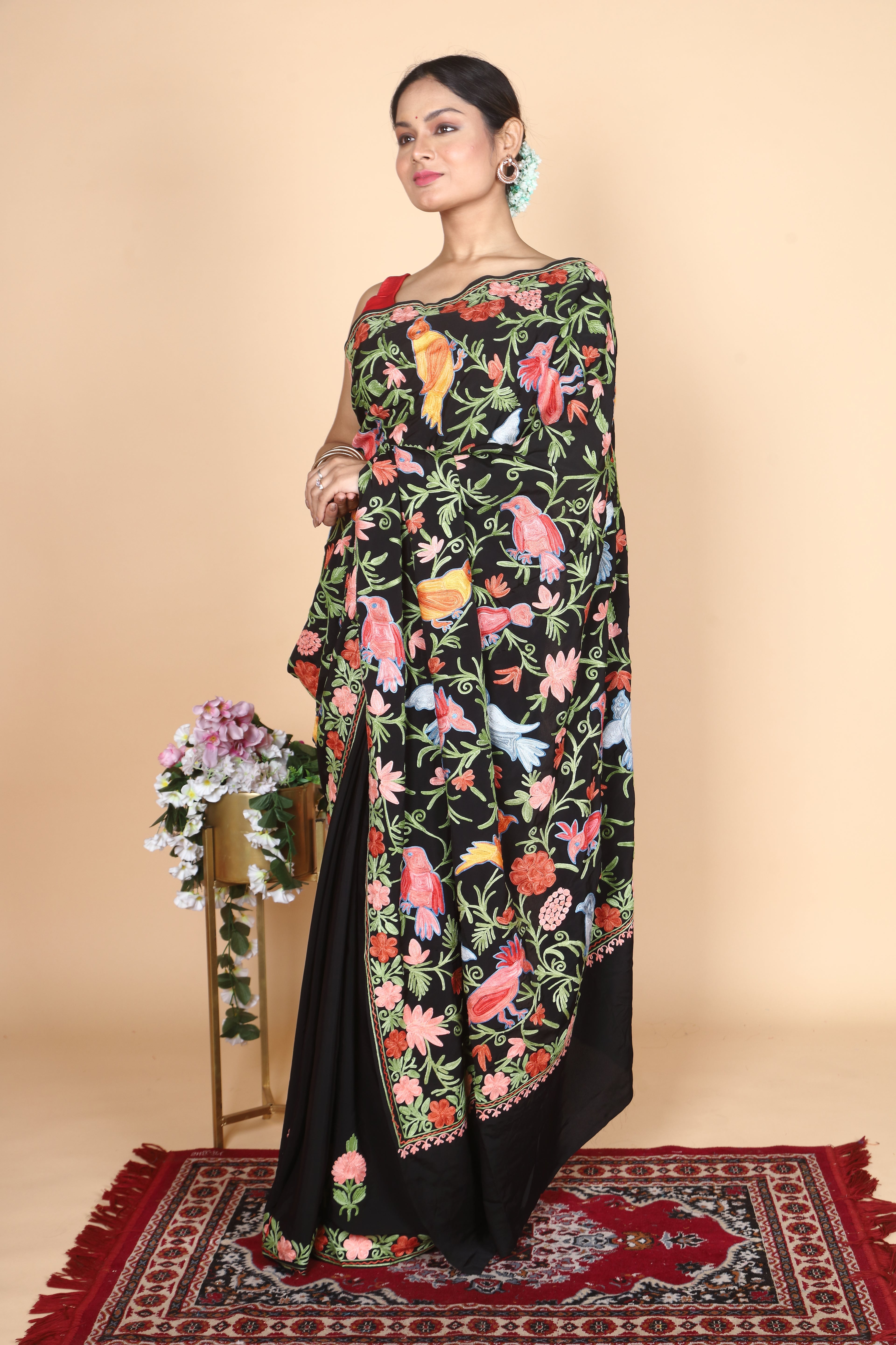 Semi Crepe Silk Machine Aari Embriodery Kashmiri Saree