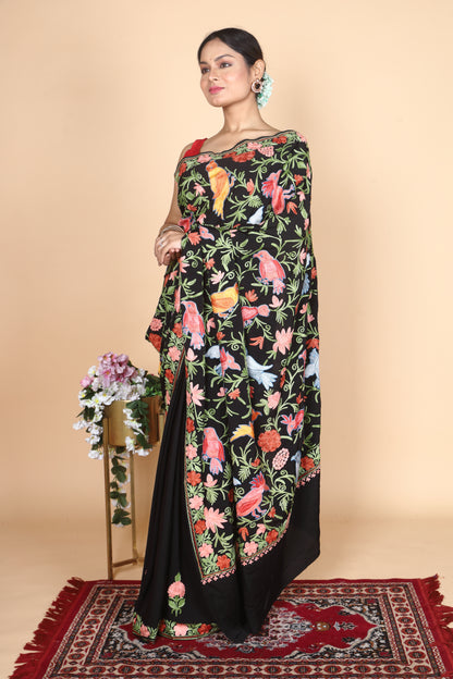 Semi Crepe Silk Machine Aari Embriodery Kashmiri Saree