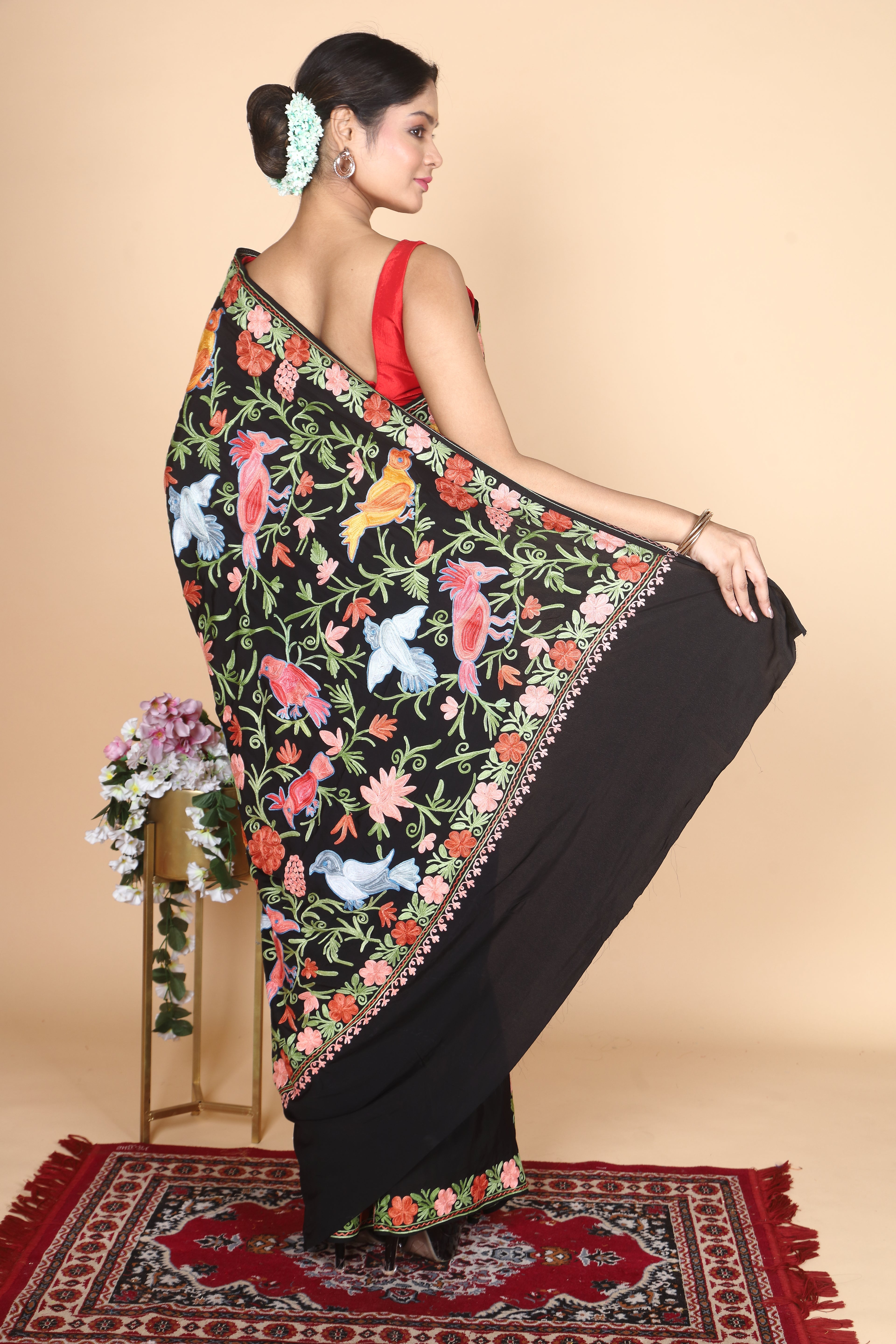 Semi Crepe Silk Machine Aari Embriodery Kashmiri Saree