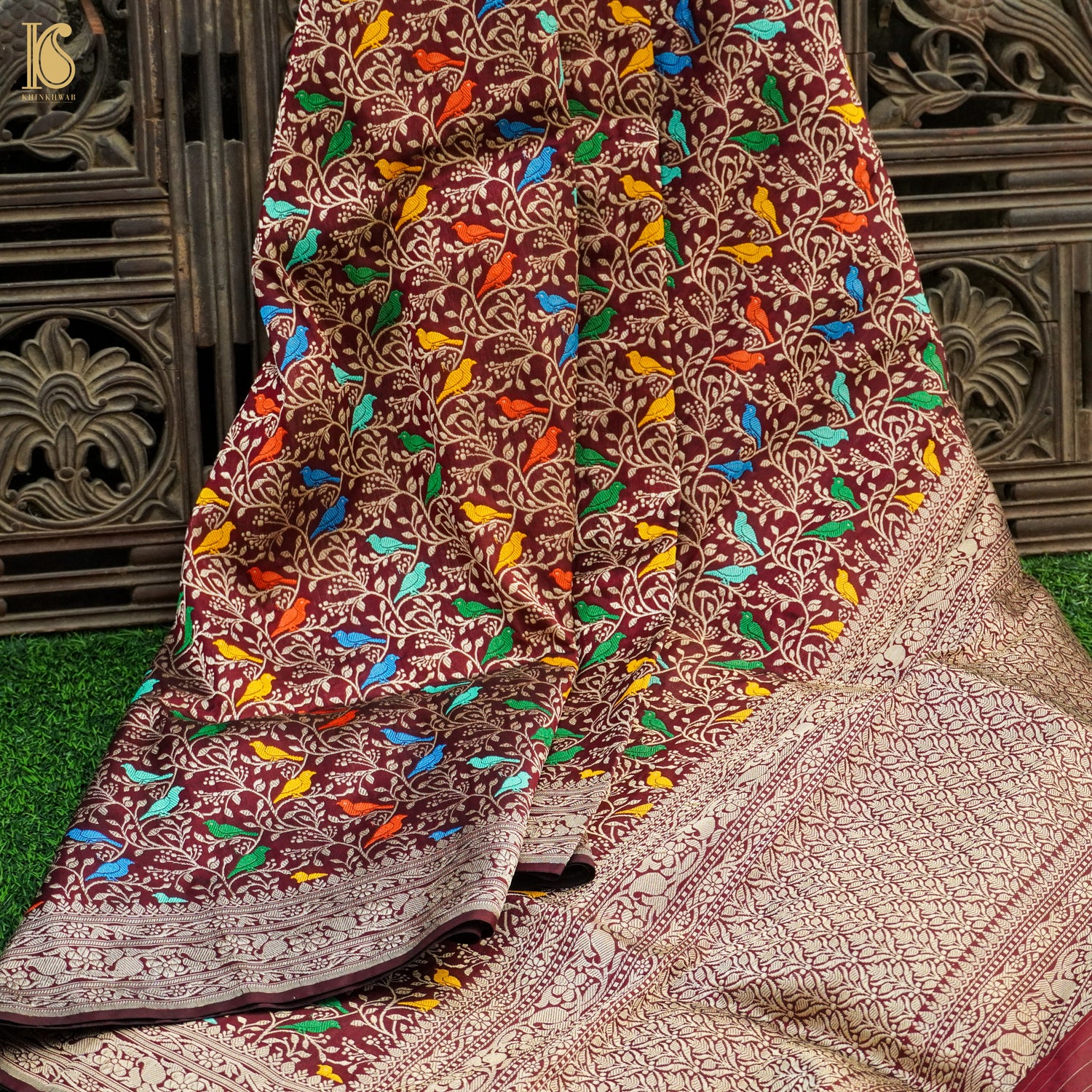Handloom Pure Katan Silk Pink Banarasi Chidiya Dupatta