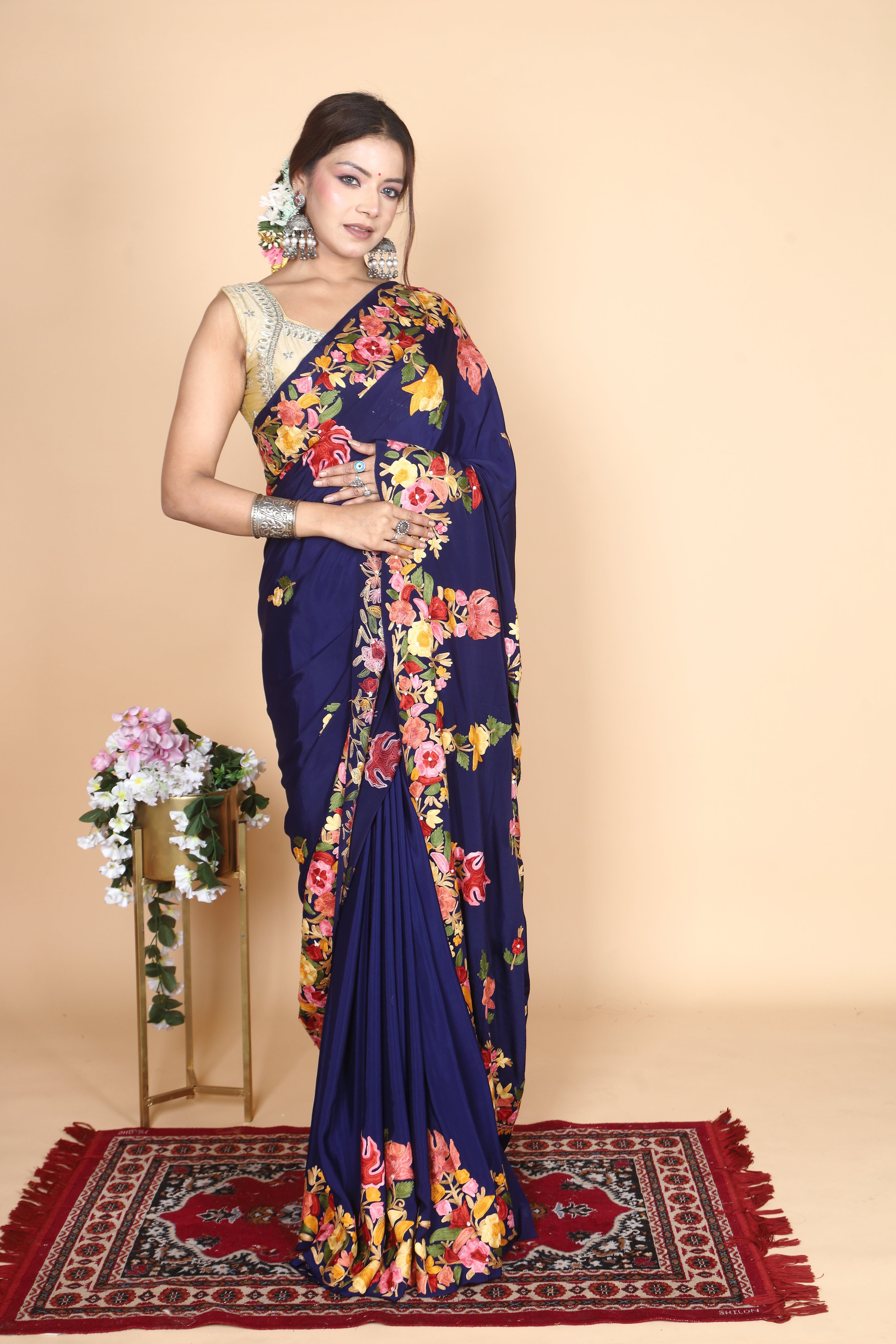 Semi Crepe Silk Machine Aari Embriodery Kashmiri Saree