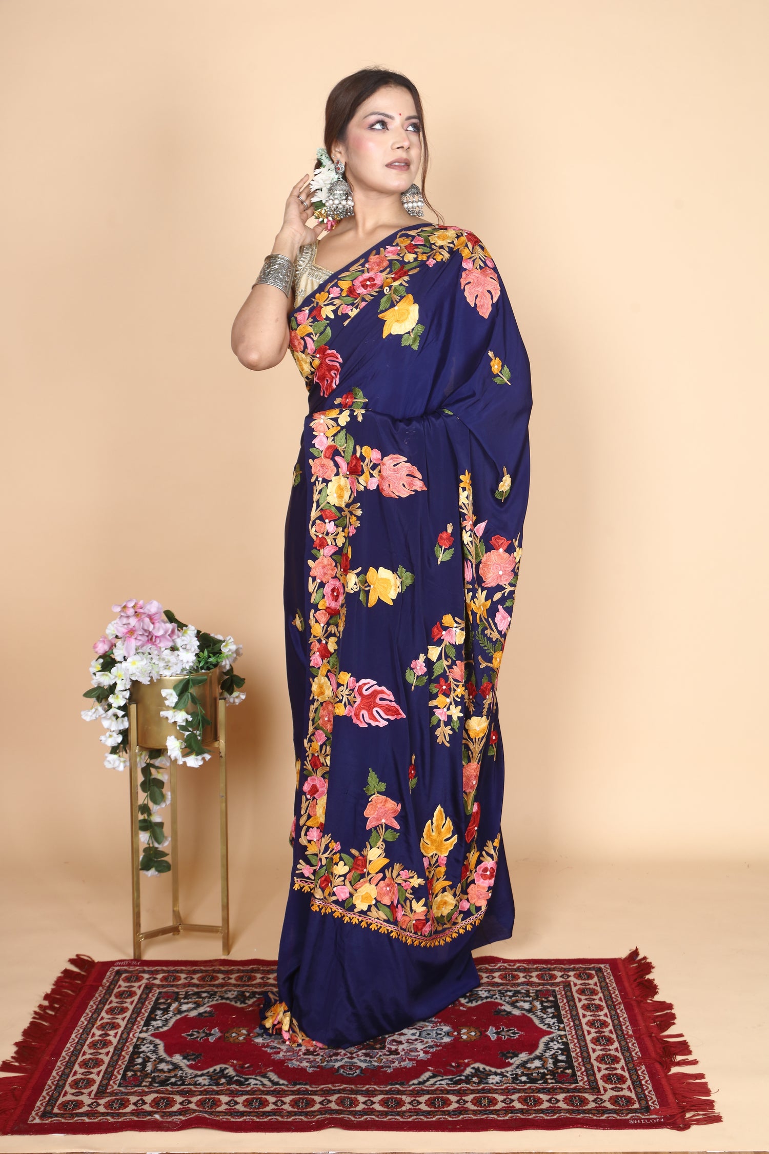 Semi Crepe Silk Machine Aari Embriodery Kashmiri Saree