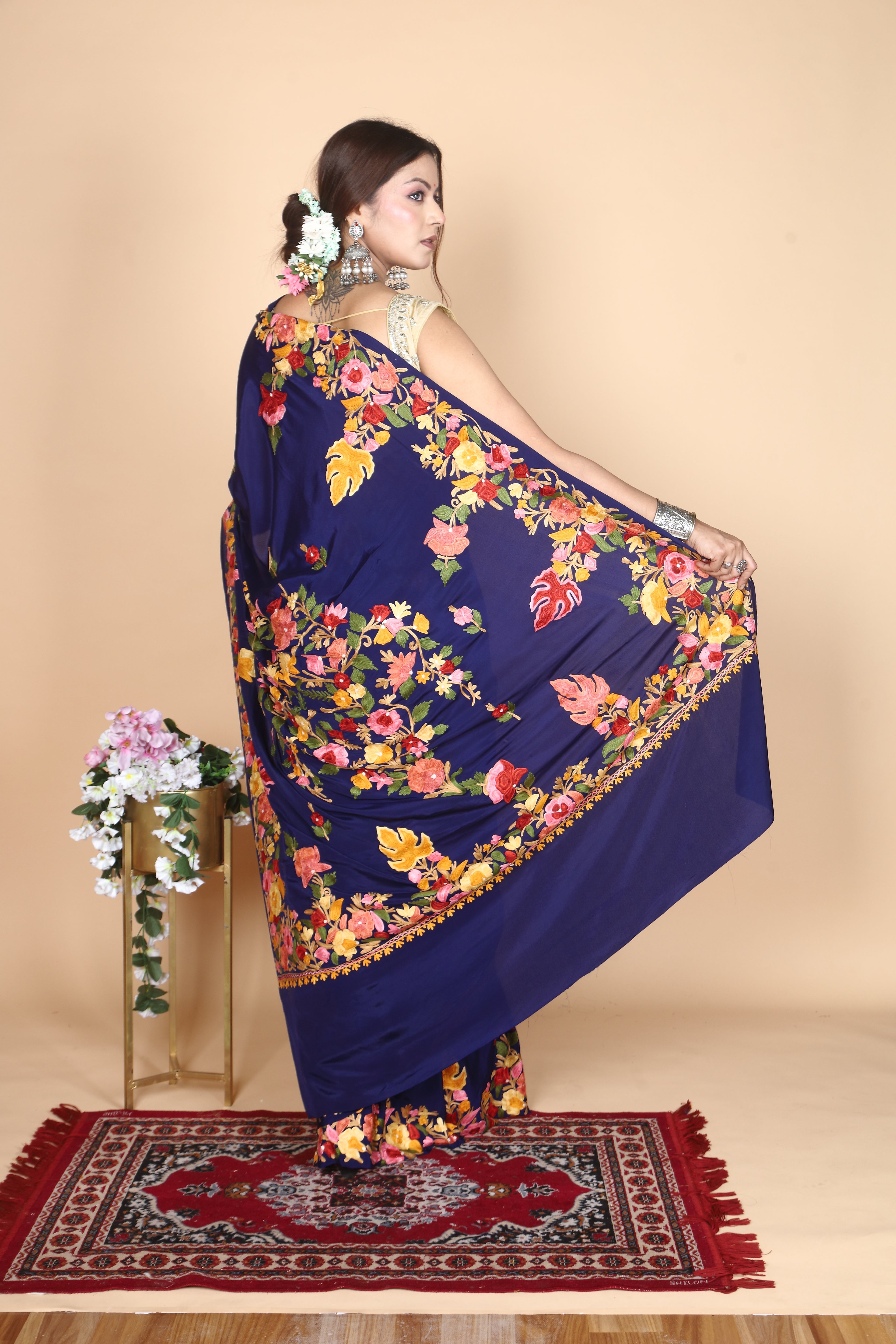 Semi Crepe Silk Machine Aari Embriodery Kashmiri Saree