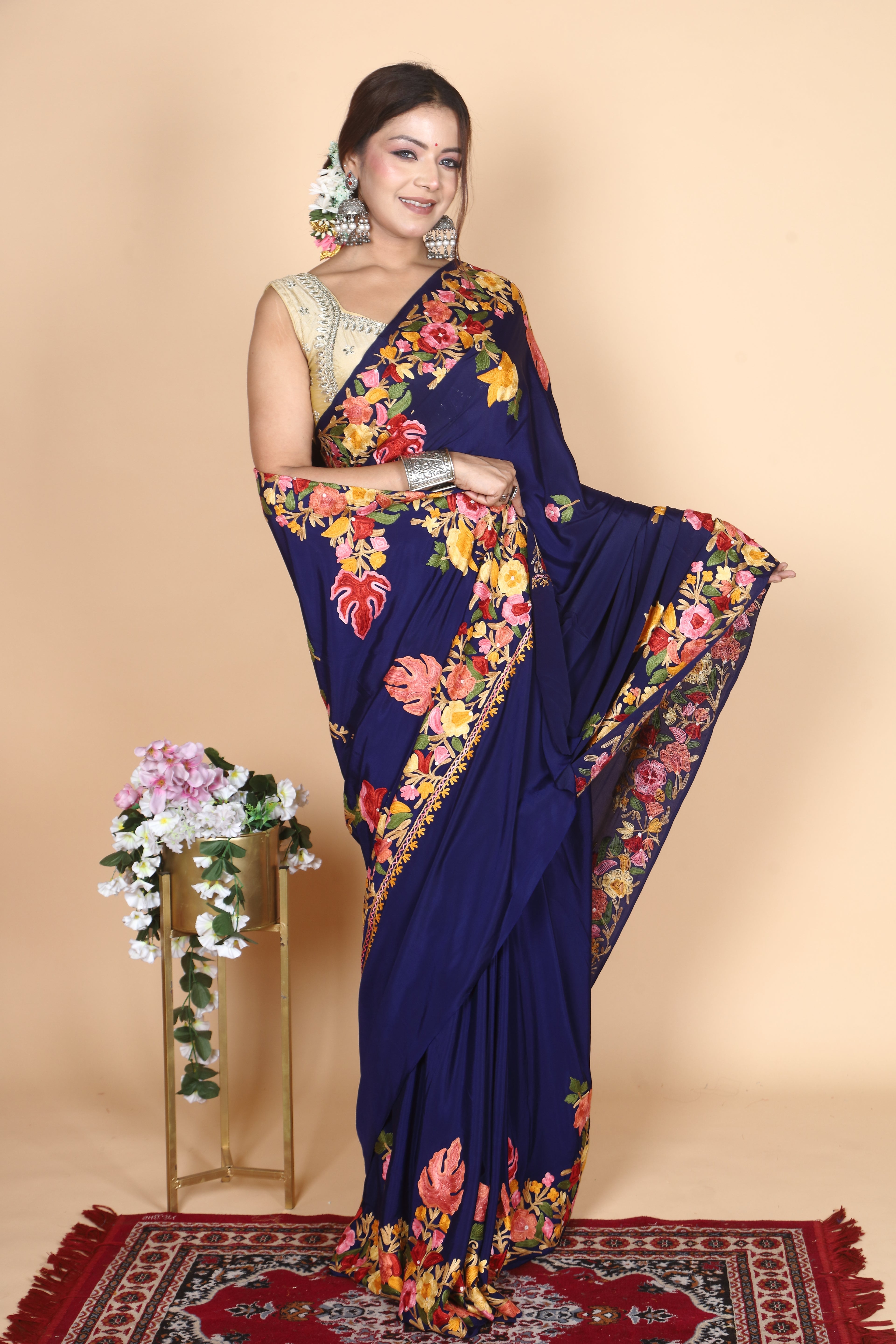 Semi Crepe Silk Machine Aari Embriodery Kashmiri Saree