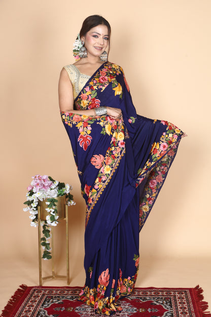 Semi Crepe Silk Machine Aari Embriodery Kashmiri Saree