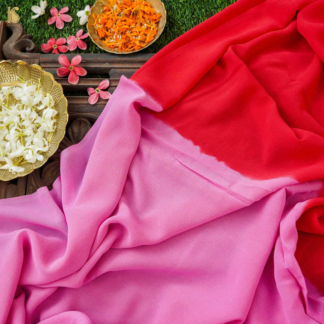 Bubble Gum Pink & Red Pure Georgette Saree