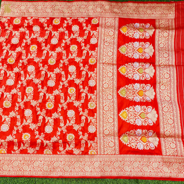Red Handloom Banarasi Pure Katan Silk Jaal Saree