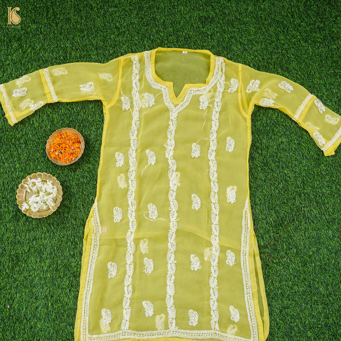 Yellow Georgette Chikankari Stitched Kids Kurta Set