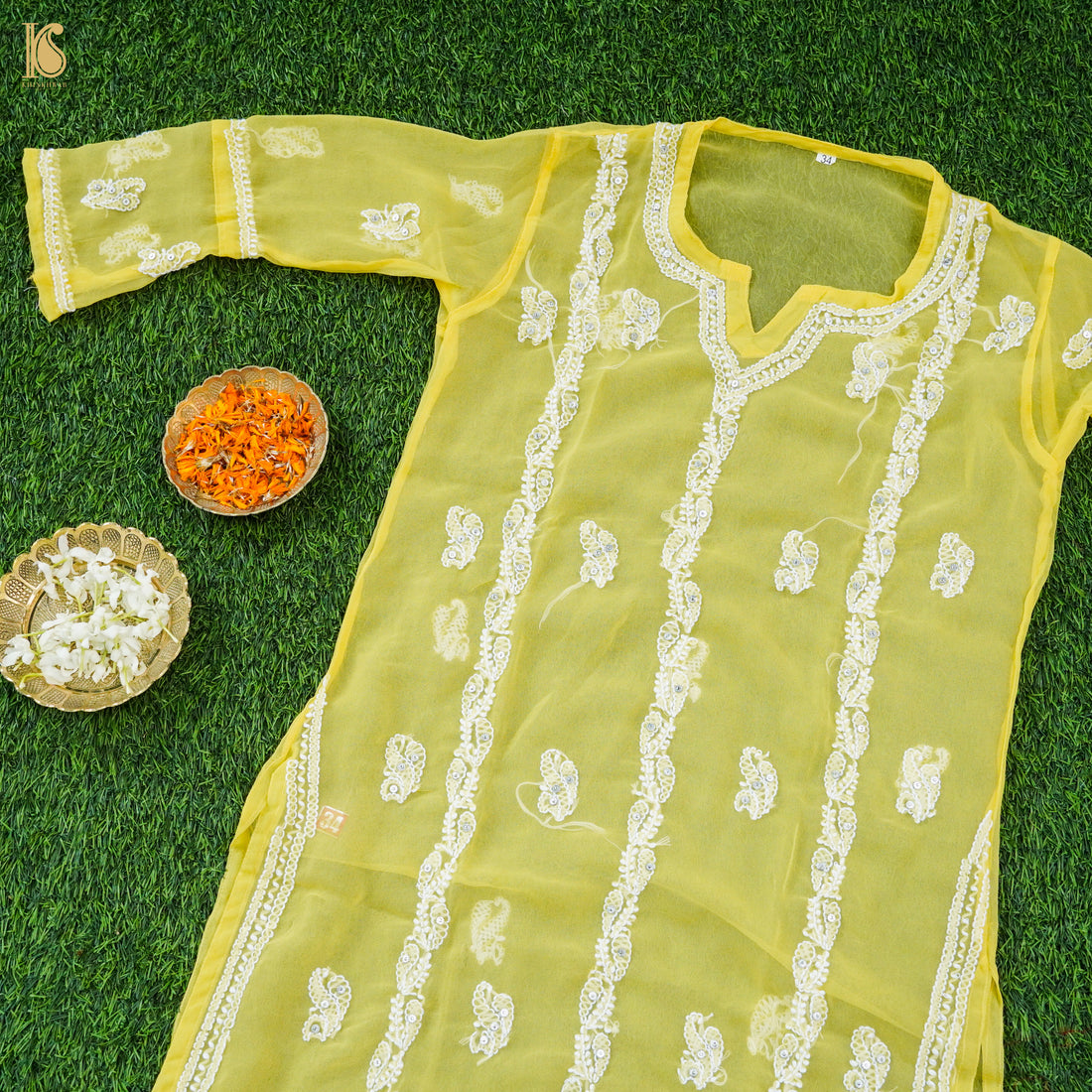 Yellow Georgette Chikankari Stitched Kids Kurta Set