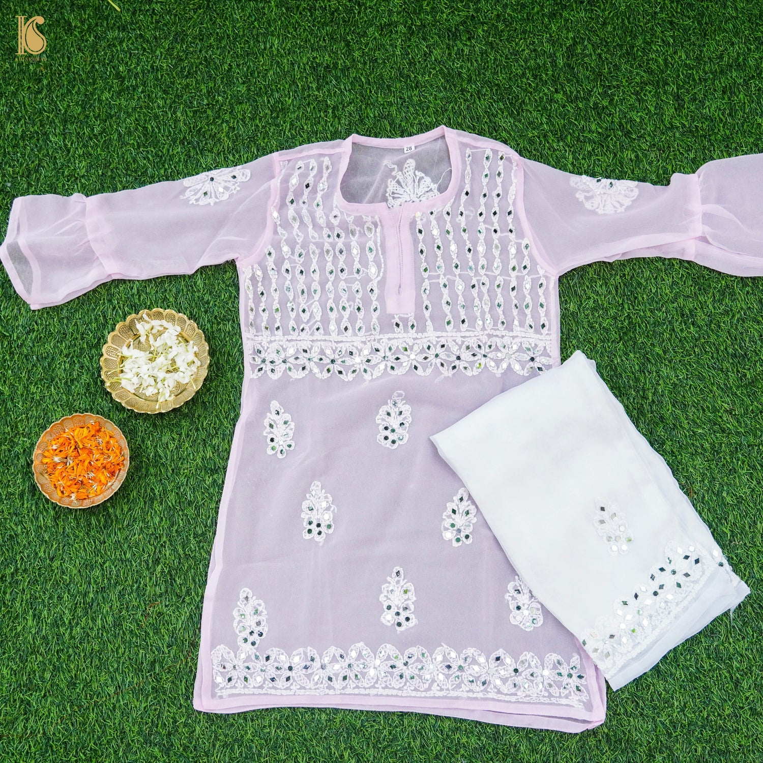 Pink Georgette Chikankari with MirrorWork Stitched Kids Kurta Set