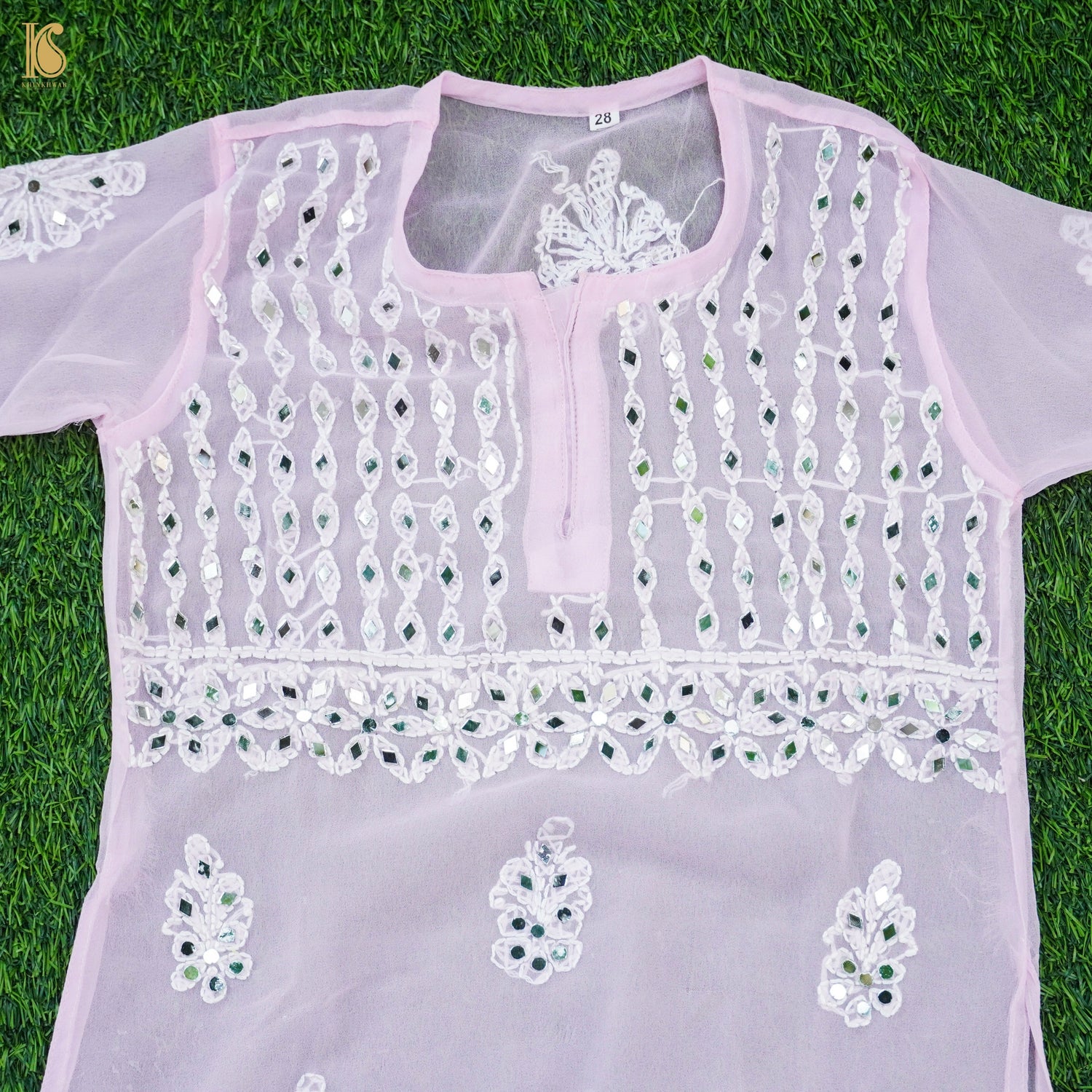 Pink Georgette Chikankari with MirrorWork Stitched Kids Kurta Set