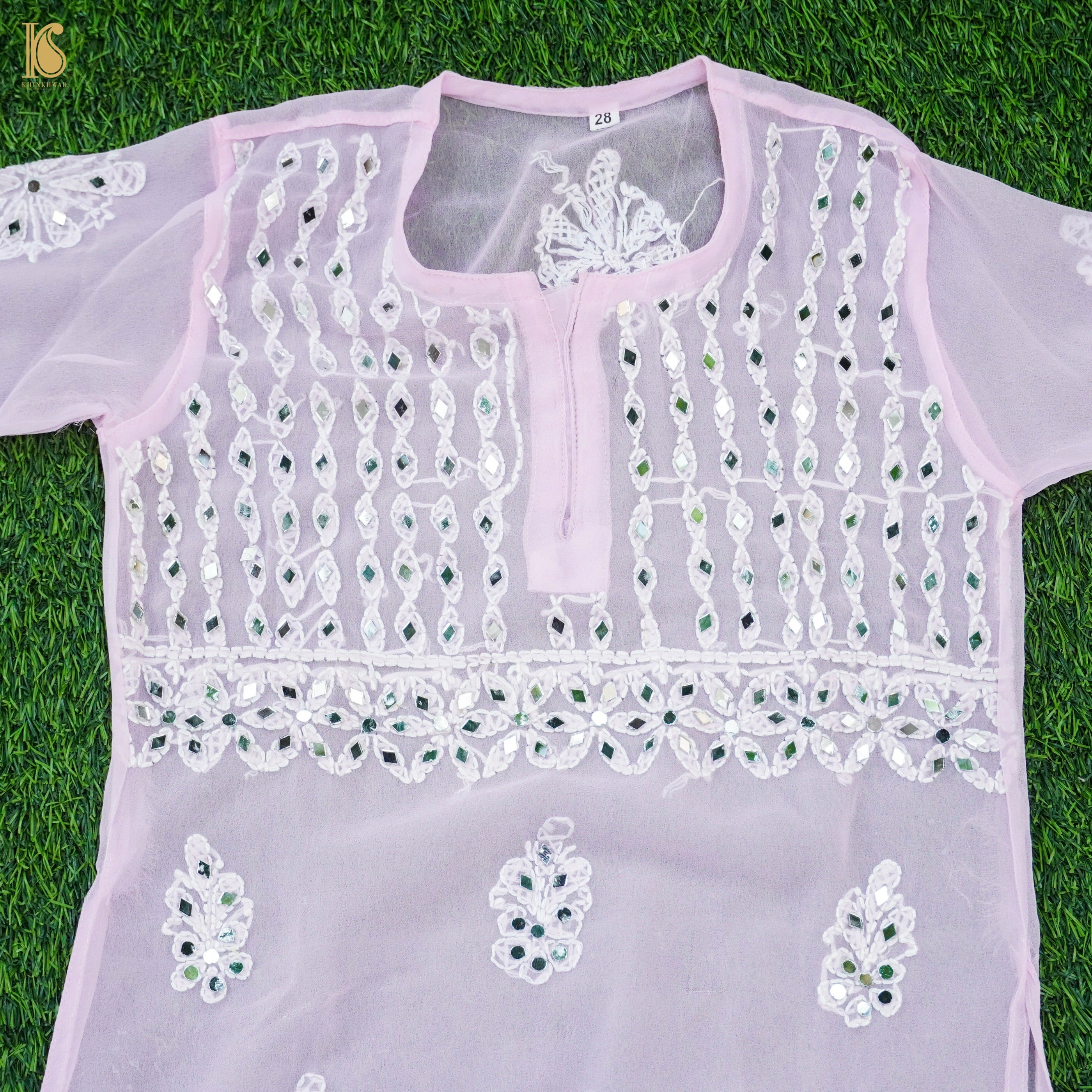 Pink Georgette Chikankari with MirrorWork Stitched Kids Kurta Set