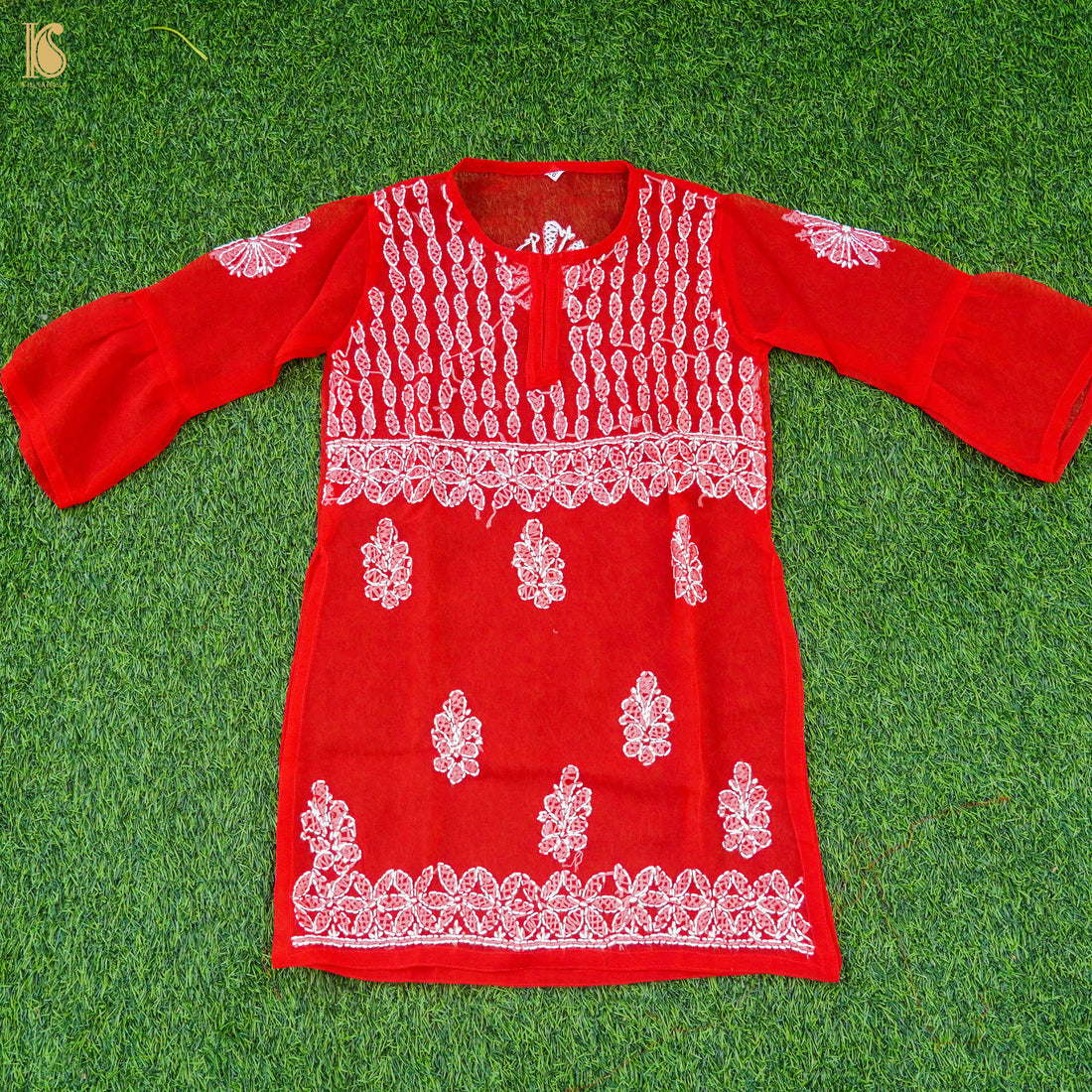 Red Georgette Chikankari Stitched Kids Kurta Set