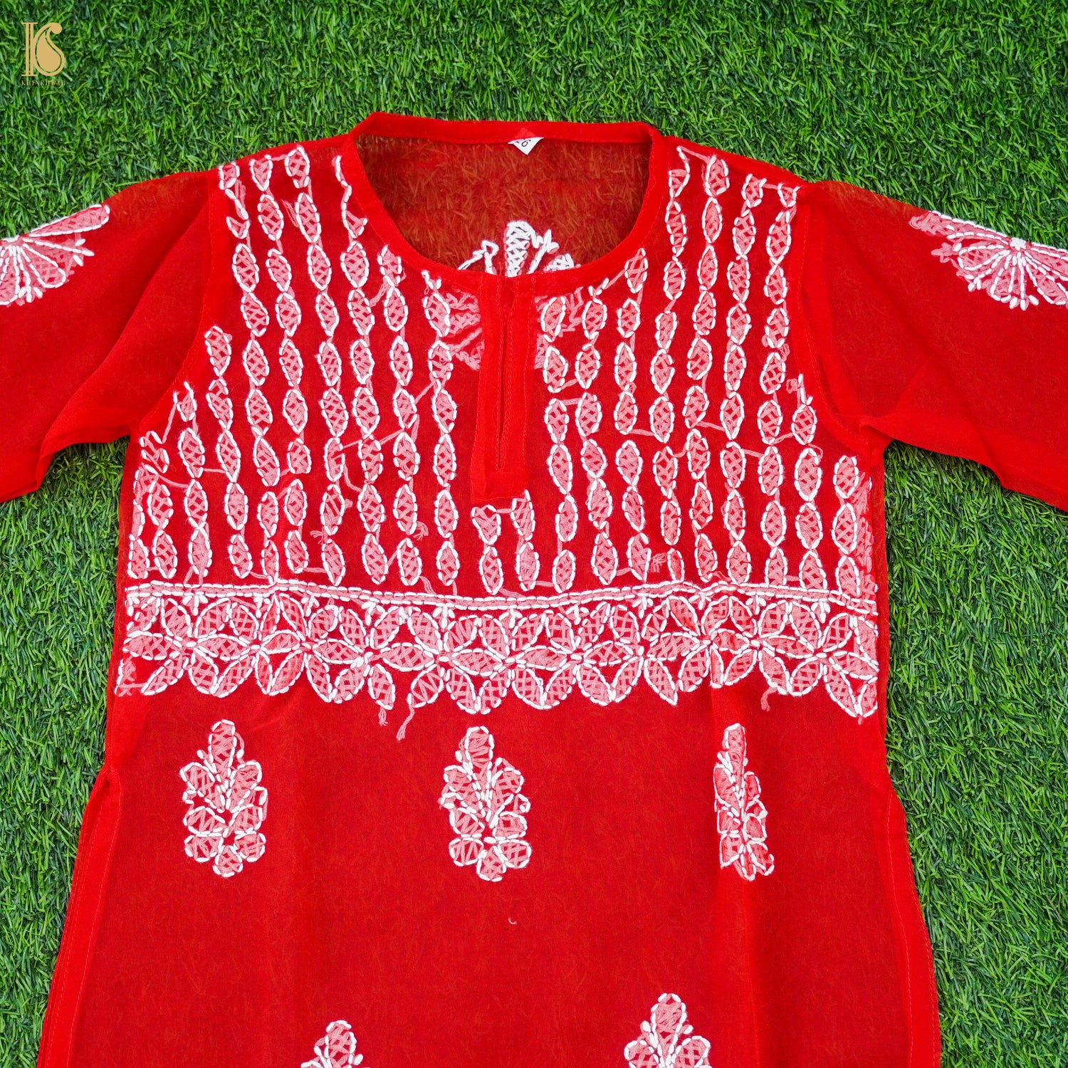 Red Georgette Chikankari Stitched Kids Kurta Set