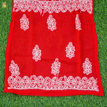 Red Georgette Chikankari Stitched Kids Kurta Set