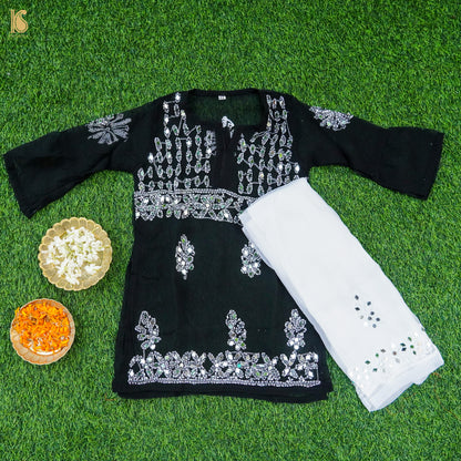 Black Georgette Chikankari with MirrorWork Stitched Kids Kurta Set