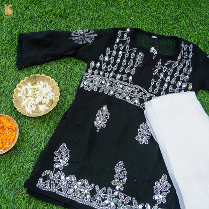 Black Georgette Chikankari with MirrorWork Stitched Kids Kurta Set