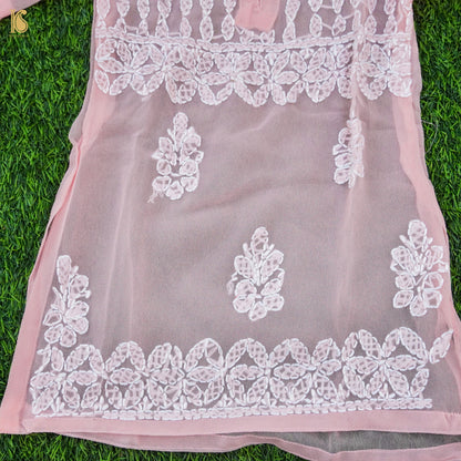 Pink Georgette Chikankari Stitched Kids Kurta Set