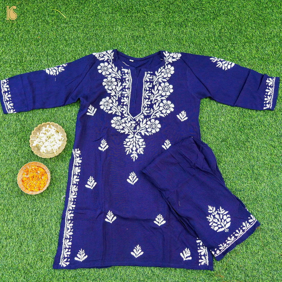 Blue Rayon Silk Chikankari Stitched Kids Kurta Set