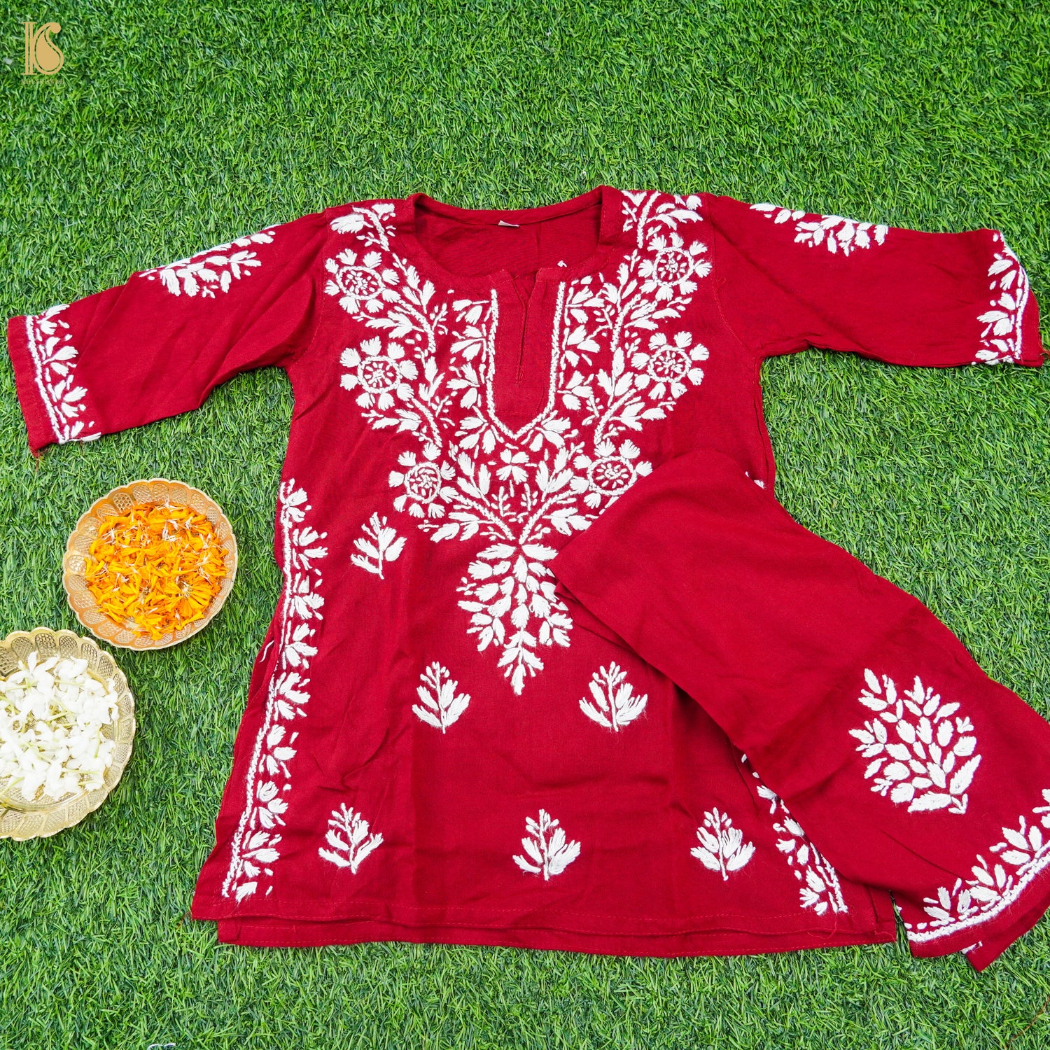 Rayon Silk Chikankari Stitched Kids Kurta Set