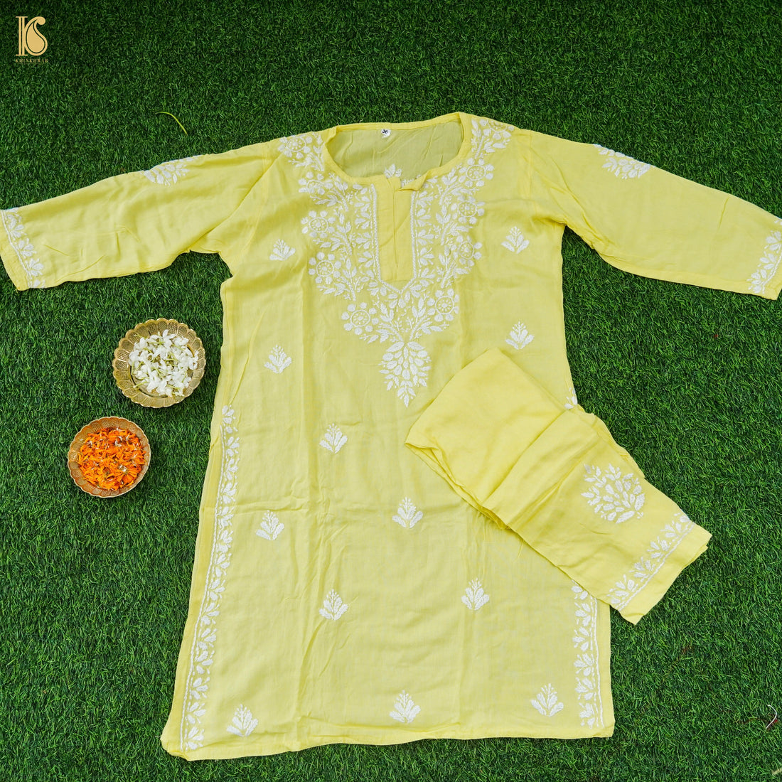 Yellow Rayon Silk Chikankari Stitched Kids Kurta Set