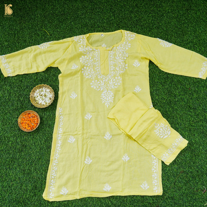 Yellow Rayon Silk Chikankari Stitched Kids Kurta Set