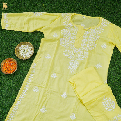 Yellow Rayon Silk Chikankari Stitched Kids Kurta Set