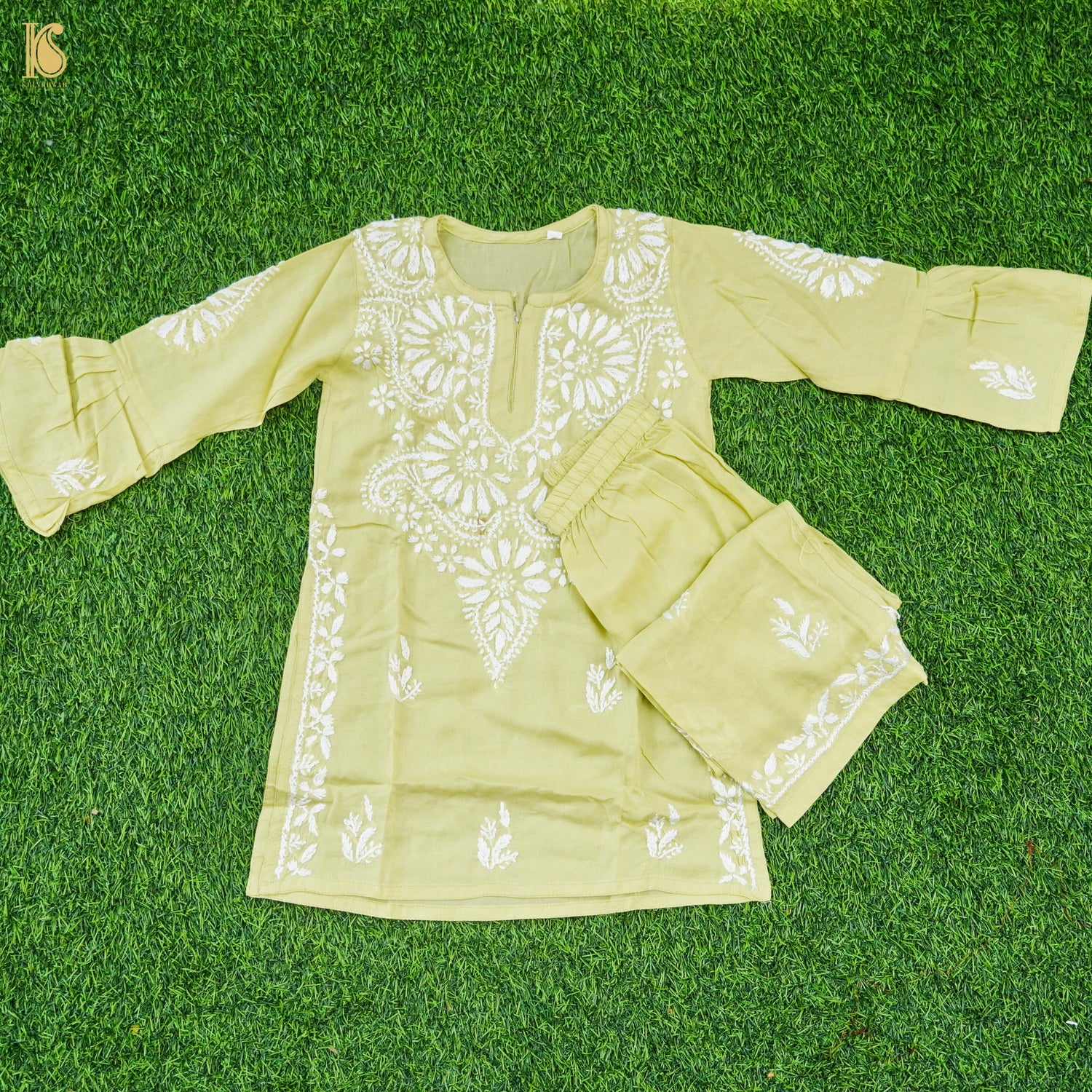 Yellow Rayon Silk Chikankari Stitched Kids Kurta Set