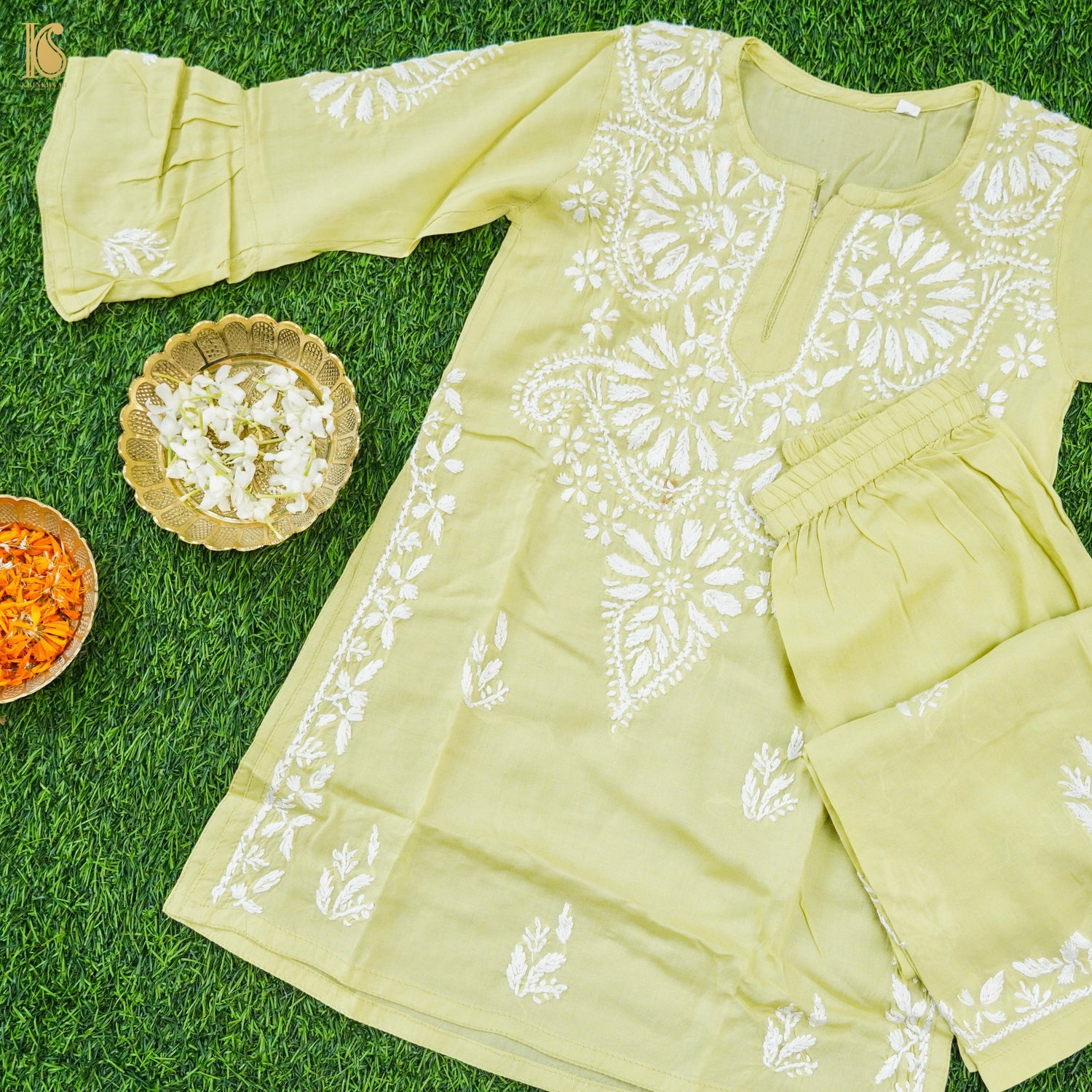 Yellow Rayon Silk Chikankari Stitched Kids Kurta Set