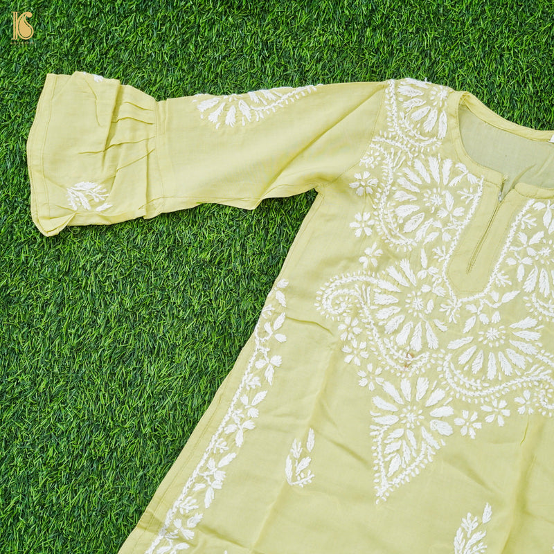 Yellow Rayon Silk Chikankari Stitched Kids Kurta Set