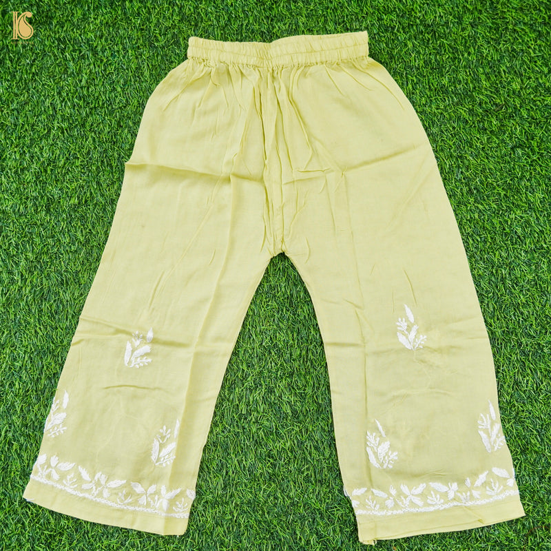 Yellow Rayon Silk Chikankari Stitched Kids Kurta Set