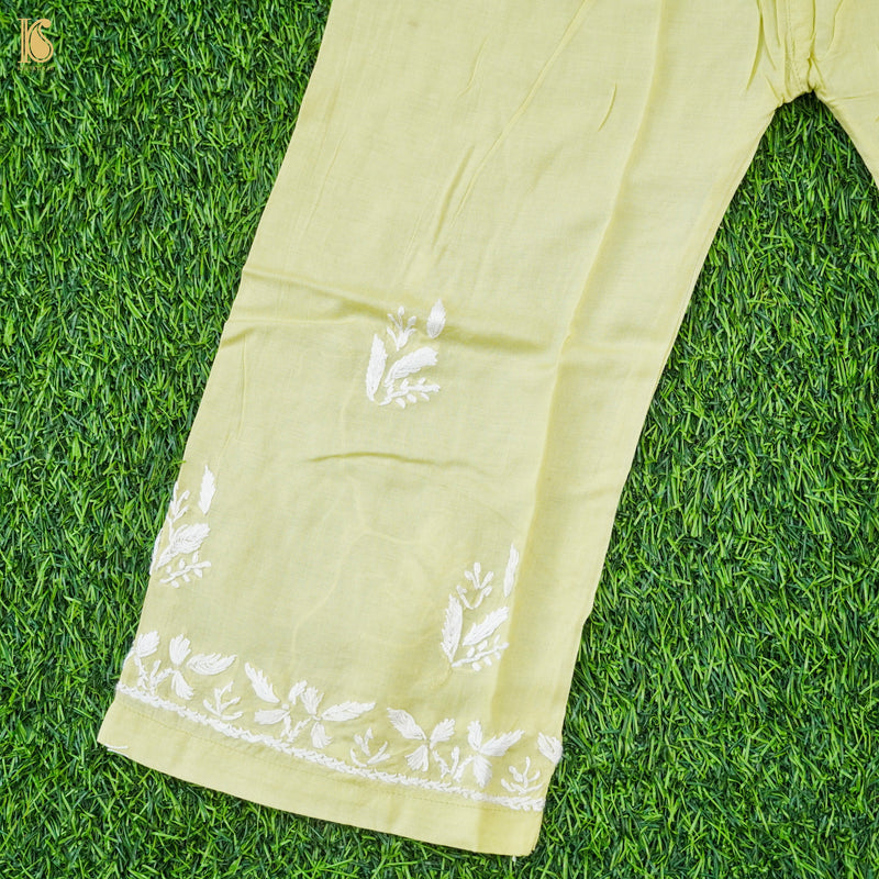 Yellow Rayon Silk Chikankari Stitched Kids Kurta Set