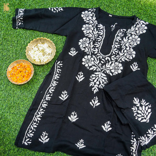 Black Rayon Silk Chikankari Stitched Kids Kurta Set