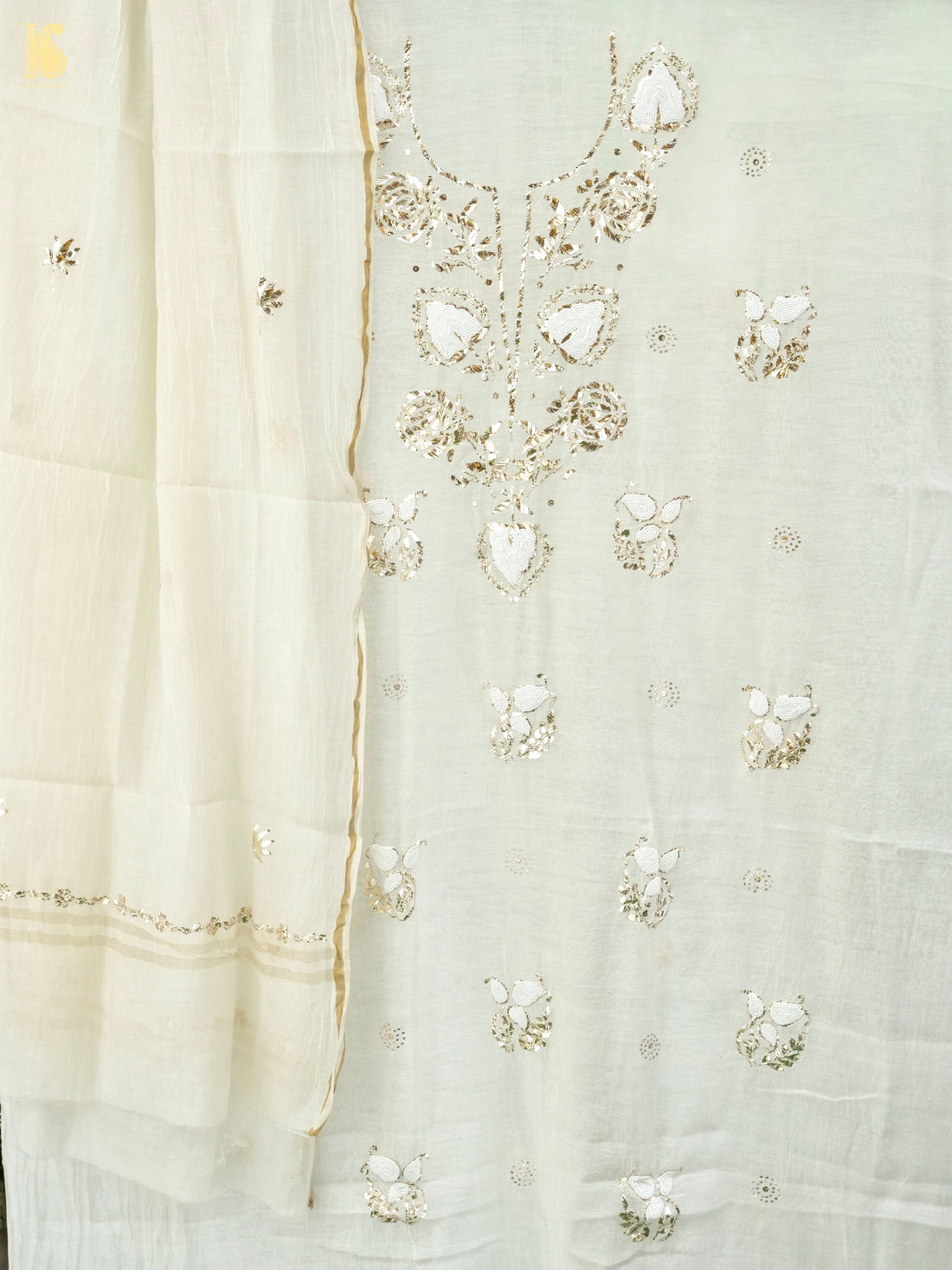Pure Mul Chanderi Silk Suit Set with Mukaish & Pearl Work