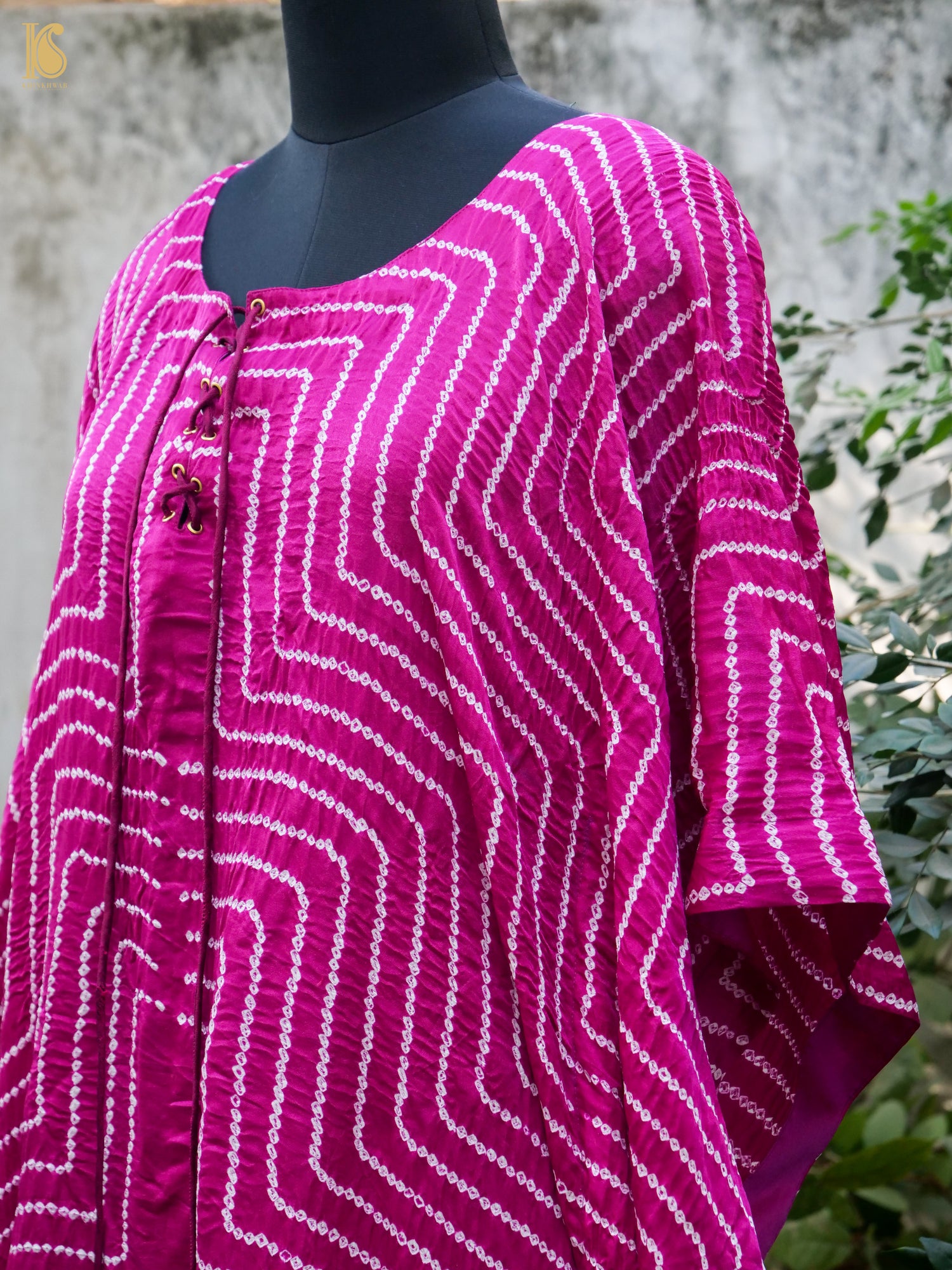 Gajji Silk Bandhani Stitched Kaftan in Magenta Pink