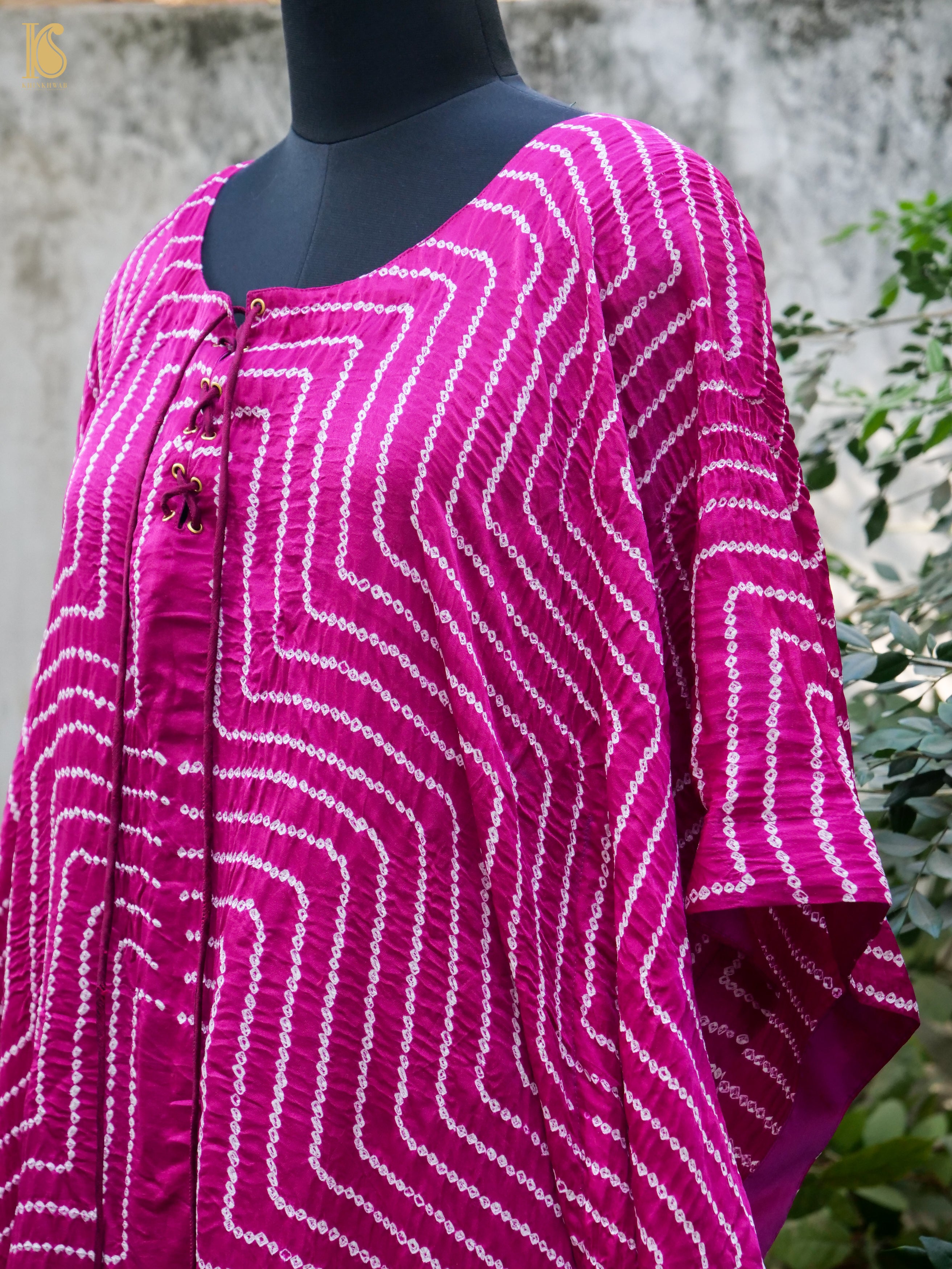 Gajji Silk Bandhani Stitched Kaftan in Magenta Pink