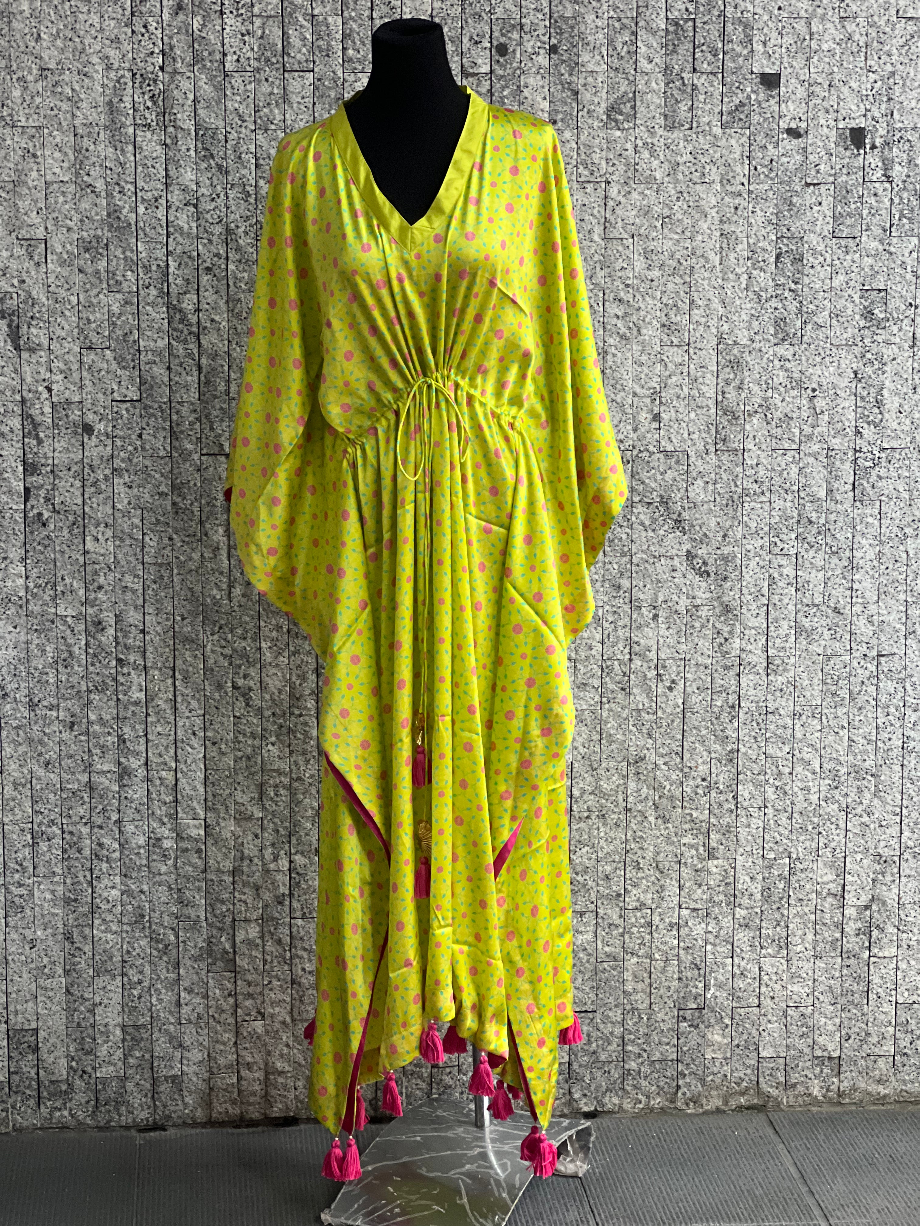 Stitched Sateen Silk Turkish Karanfil Kaftan in Lime Green